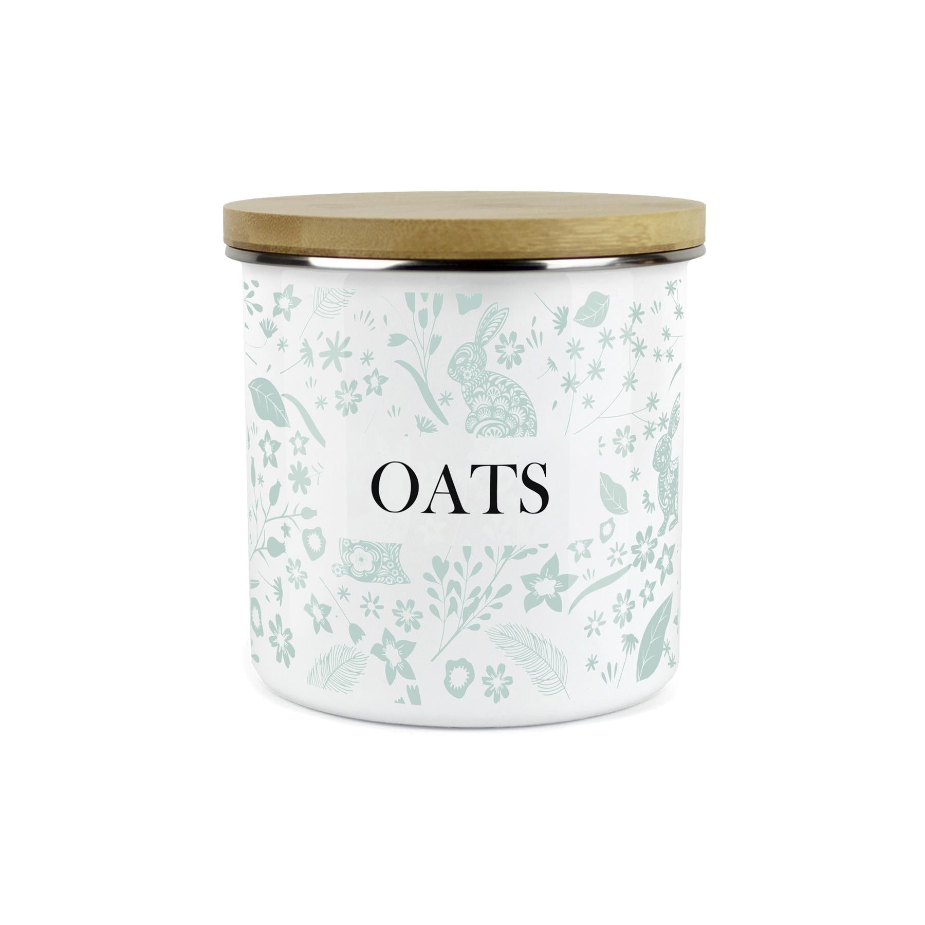 Wild Rabbits Oats Storage Canister - Green Enamel Food/Baking Container
