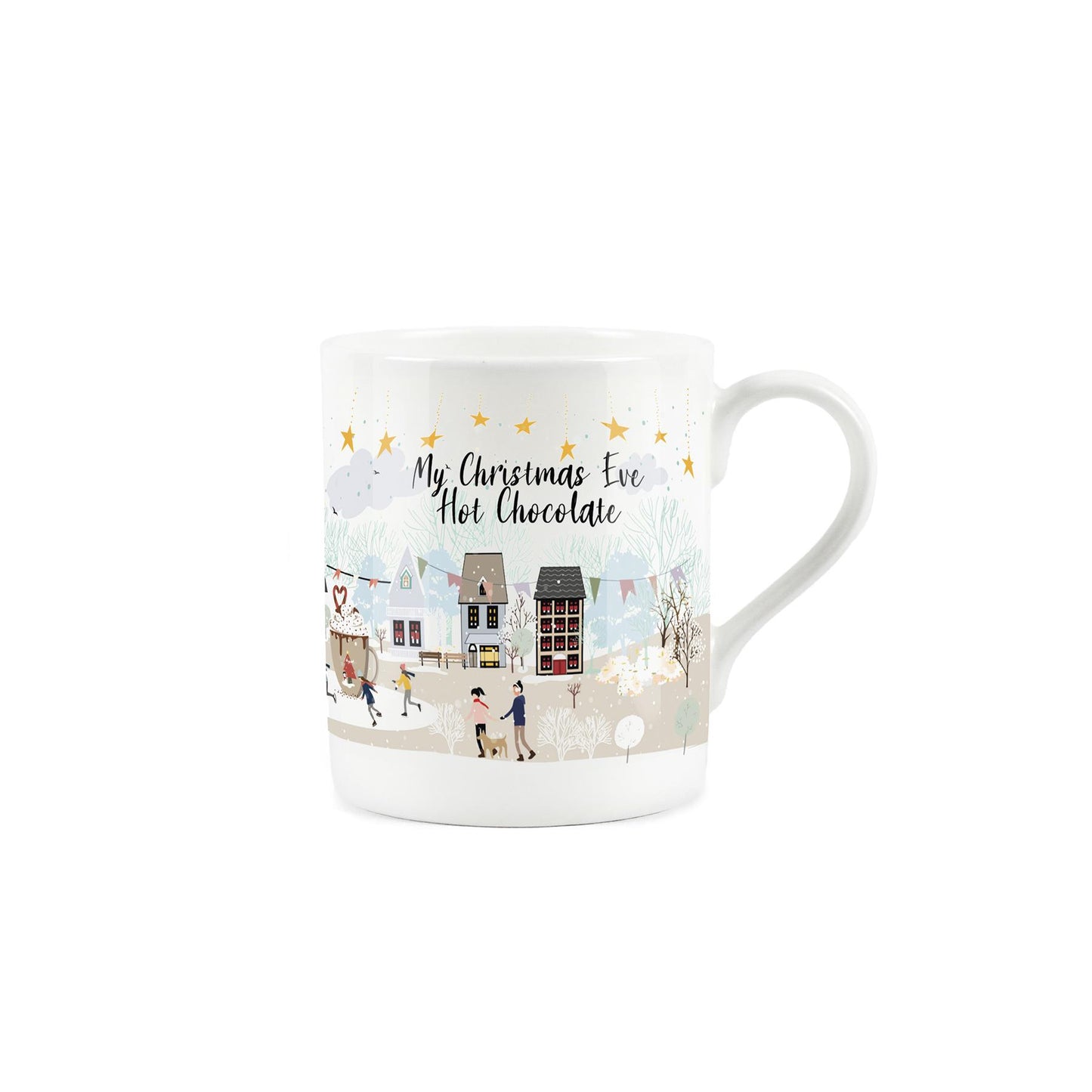 White bone china mug depicting christmas scene and captioned 'my christmas eve hot chocolate"