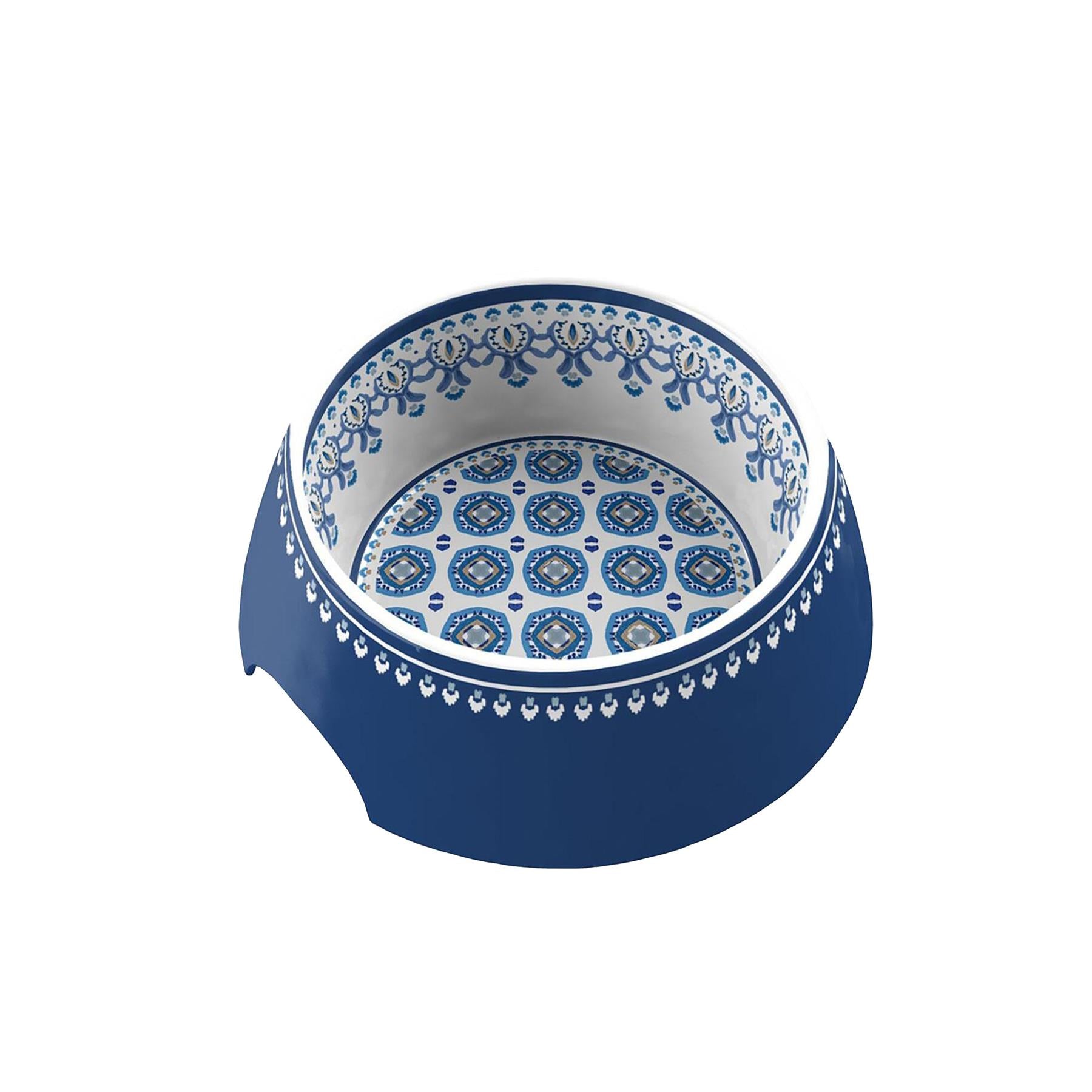 Lightweight melamine Moroccan Indigo medium pet bowl with bold indigo and white print.