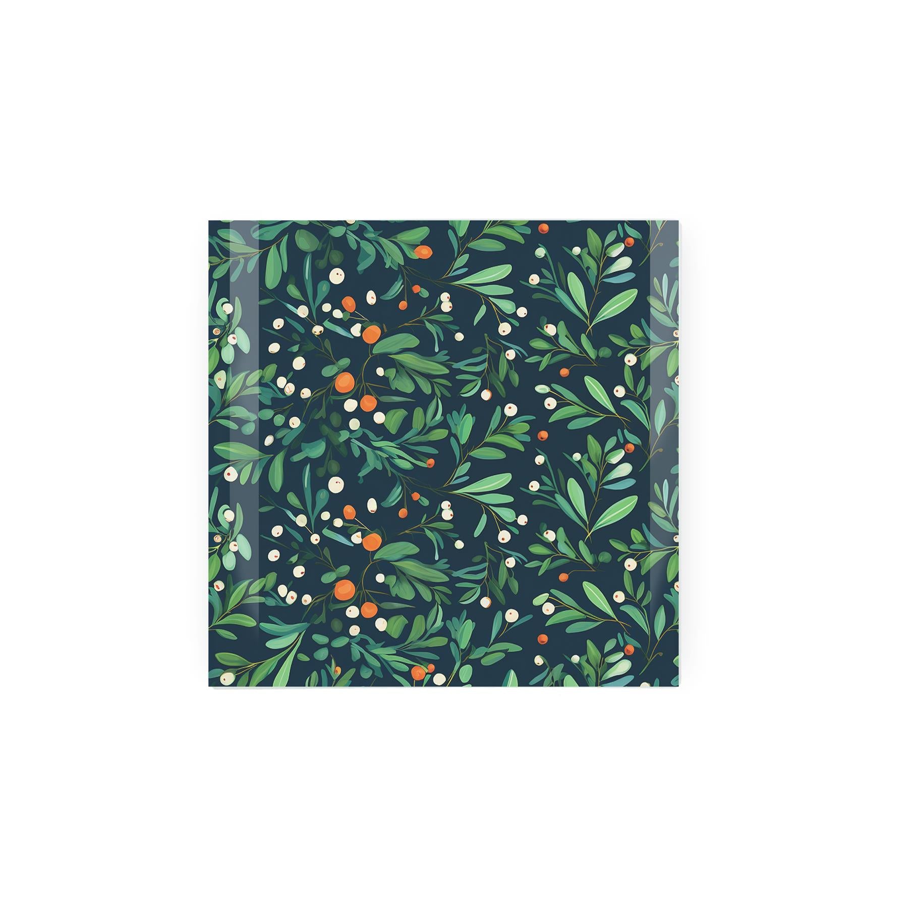 Glass worktop protector with festive mistletoe print.