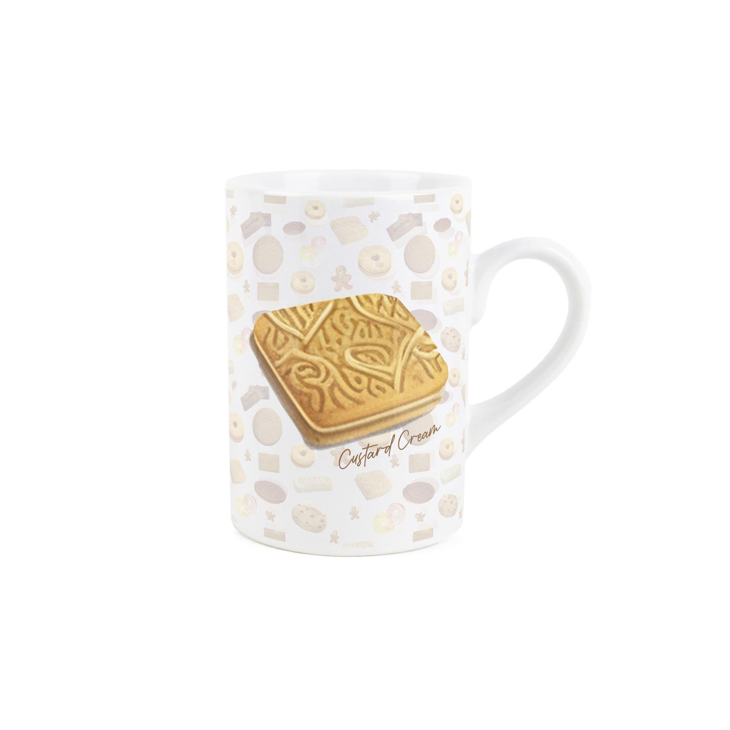 Novelty Ceramic mug with textured British custard cream biscuit print, offering a tactile biscuit-themed experience.