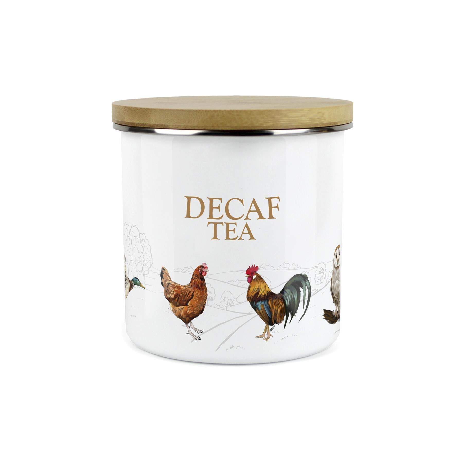 Decaf Tea Canister - Country Farm Animal Airtight Enamel Kitchen Storage Jar
