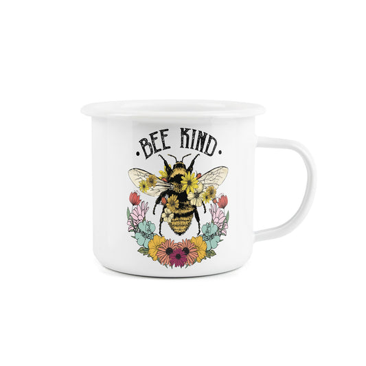 Floral bee-themed mug for camping, featuring a durable design and vibrant colors.