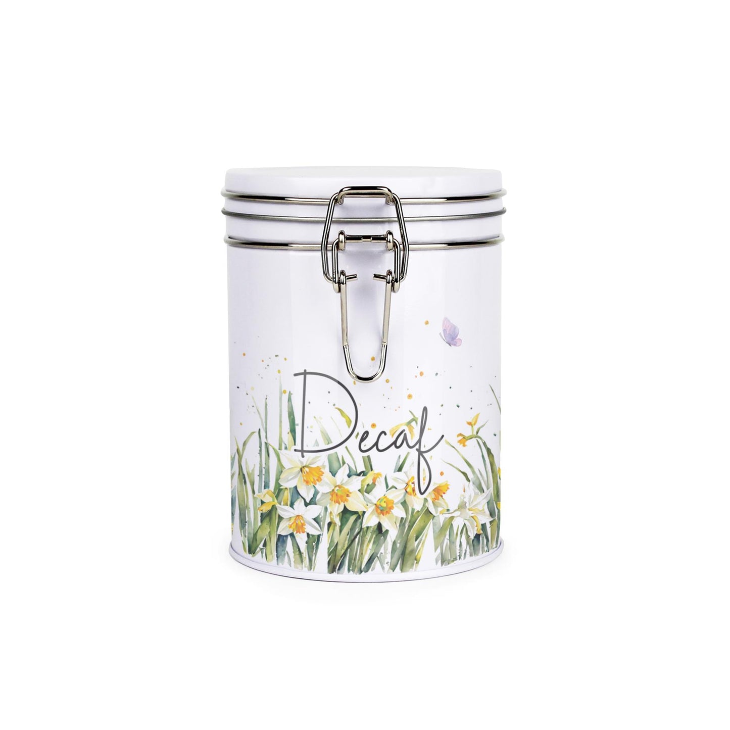 Metal canister with a metal clip and lid featuring a delicate daffodil print with butterflies and dragonflies and coffee text