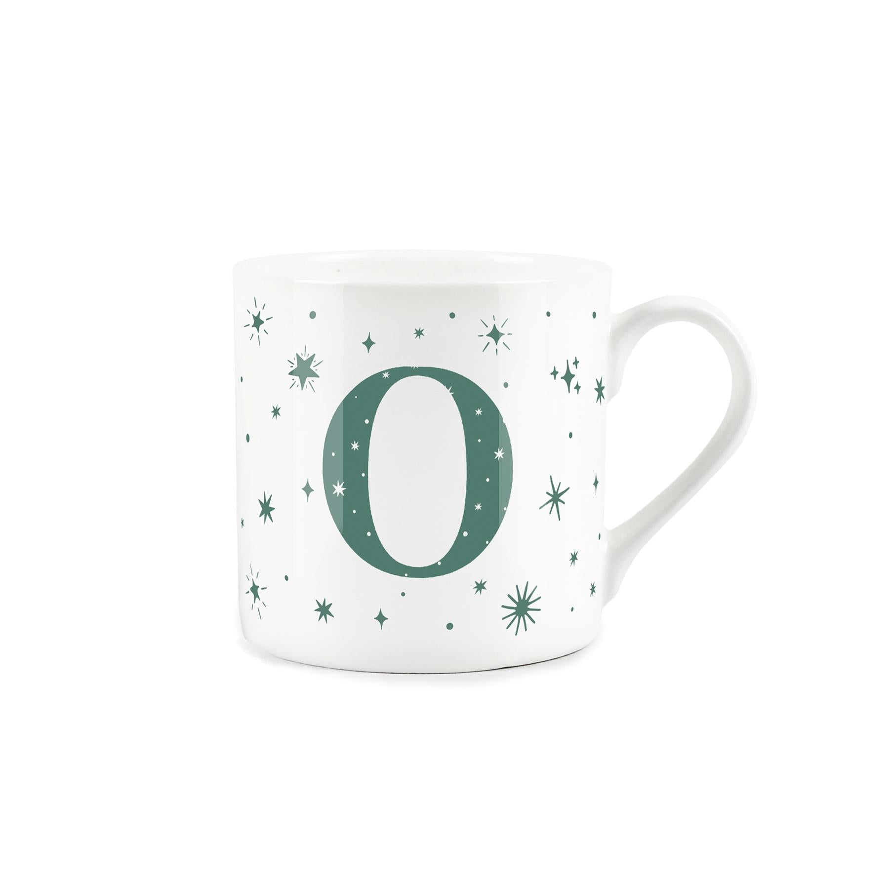White bone china mug with green stars and letter 'O' alphabet design