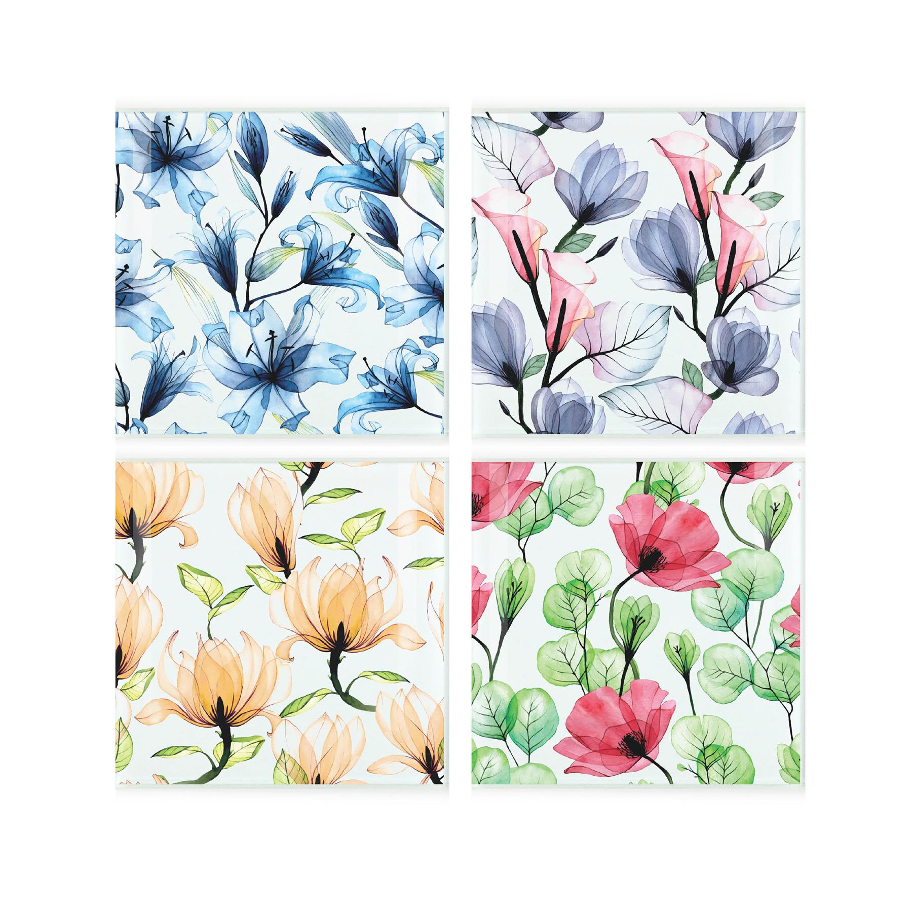 Tempered glass coaster set featuring four delicate glass flower designs