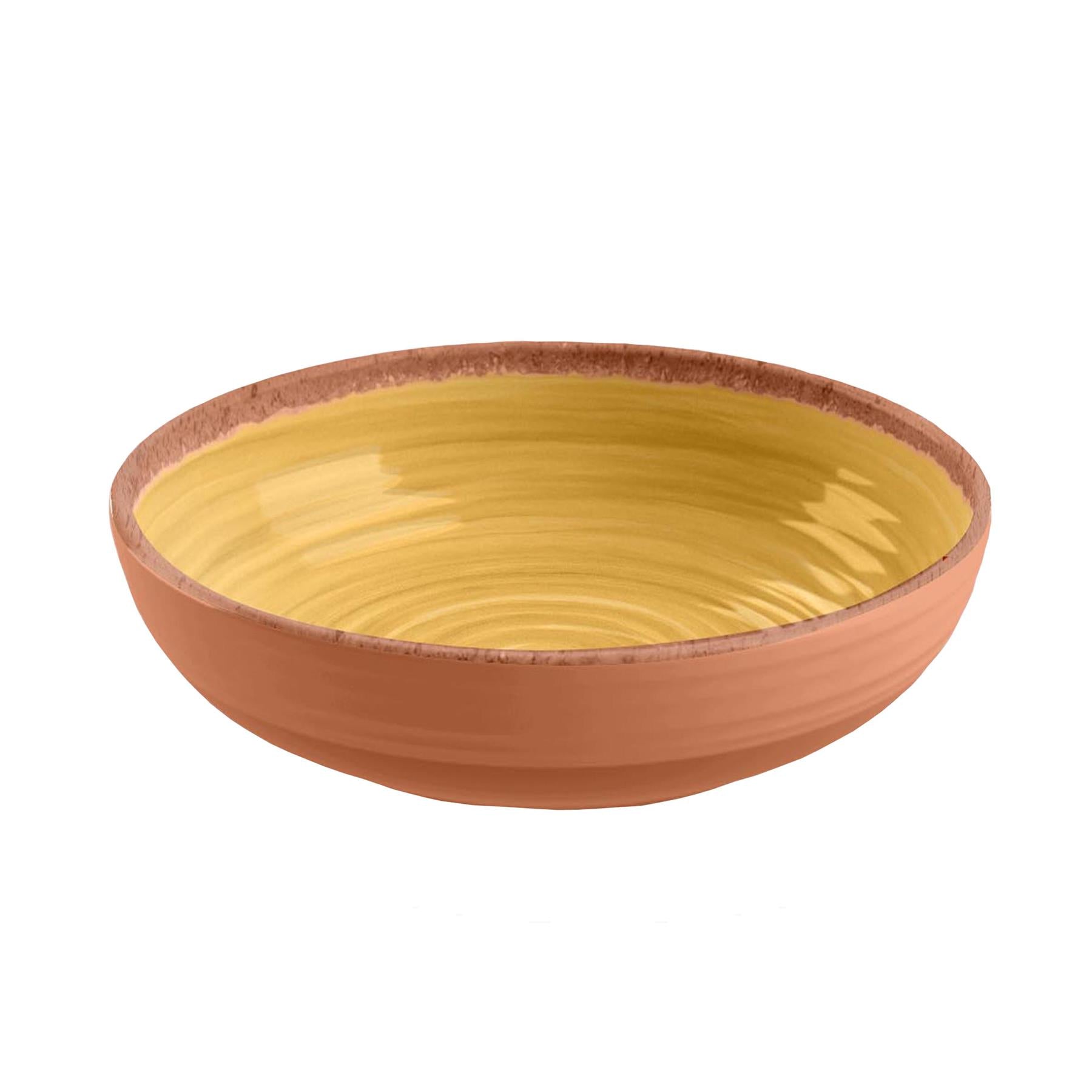 Melamine Low Bowl featuring vibrant yellow swirl design and terracotta exterior and rim