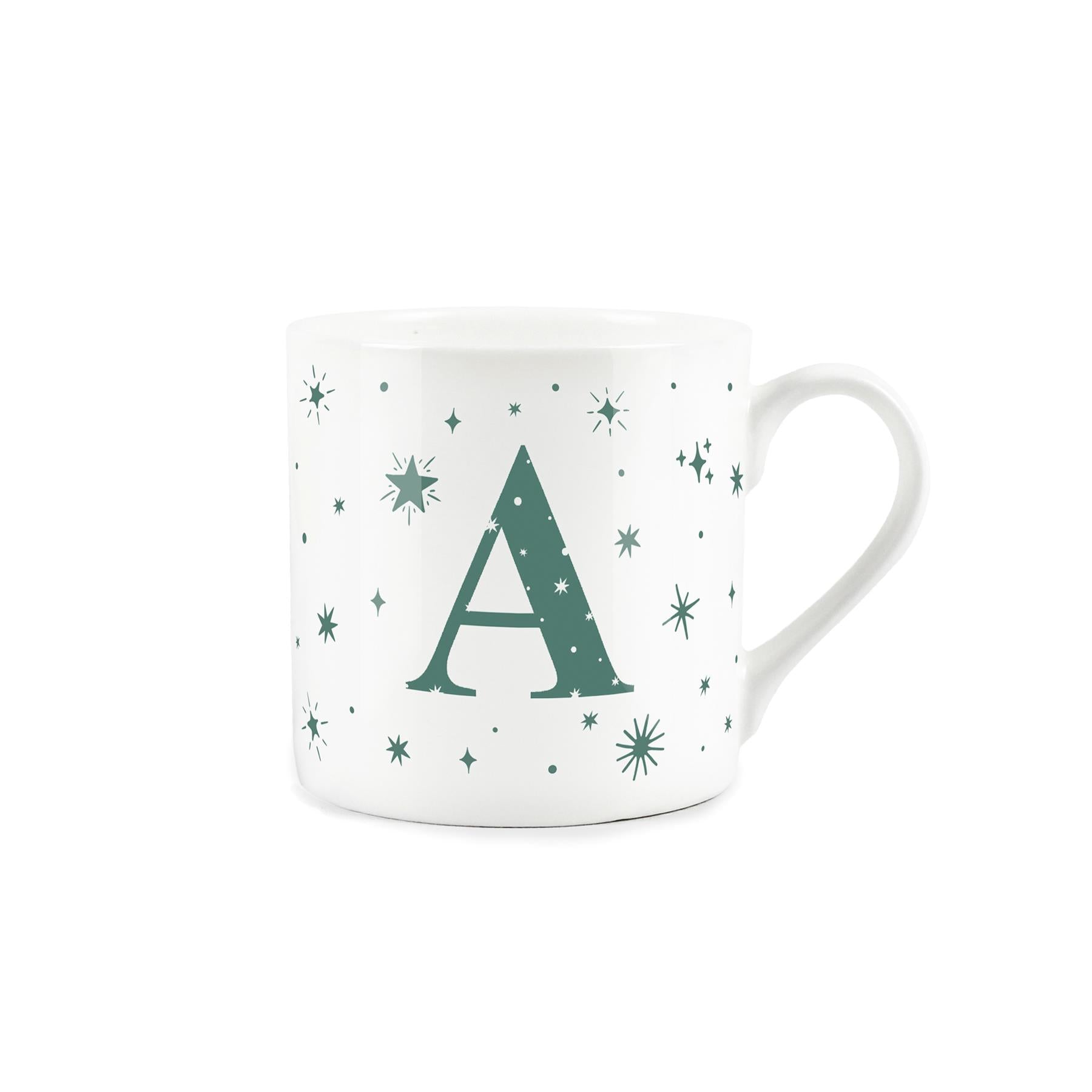 White bone china mug with green stars and letter 'A' alphabet design