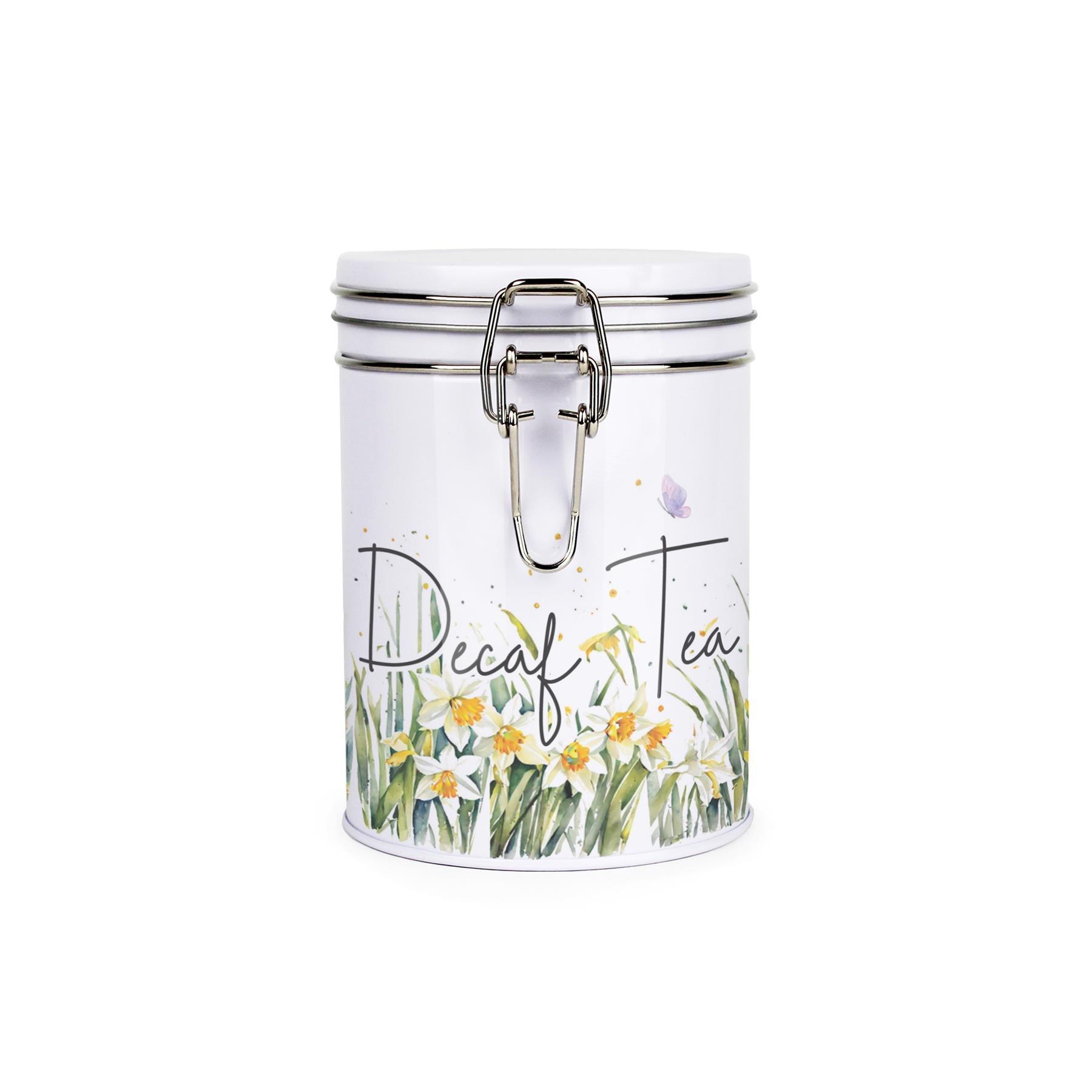 Metal canister with a metal clip and lid featuring a delicate daffodil print with butterflies and dragonflies and decaf coffee text