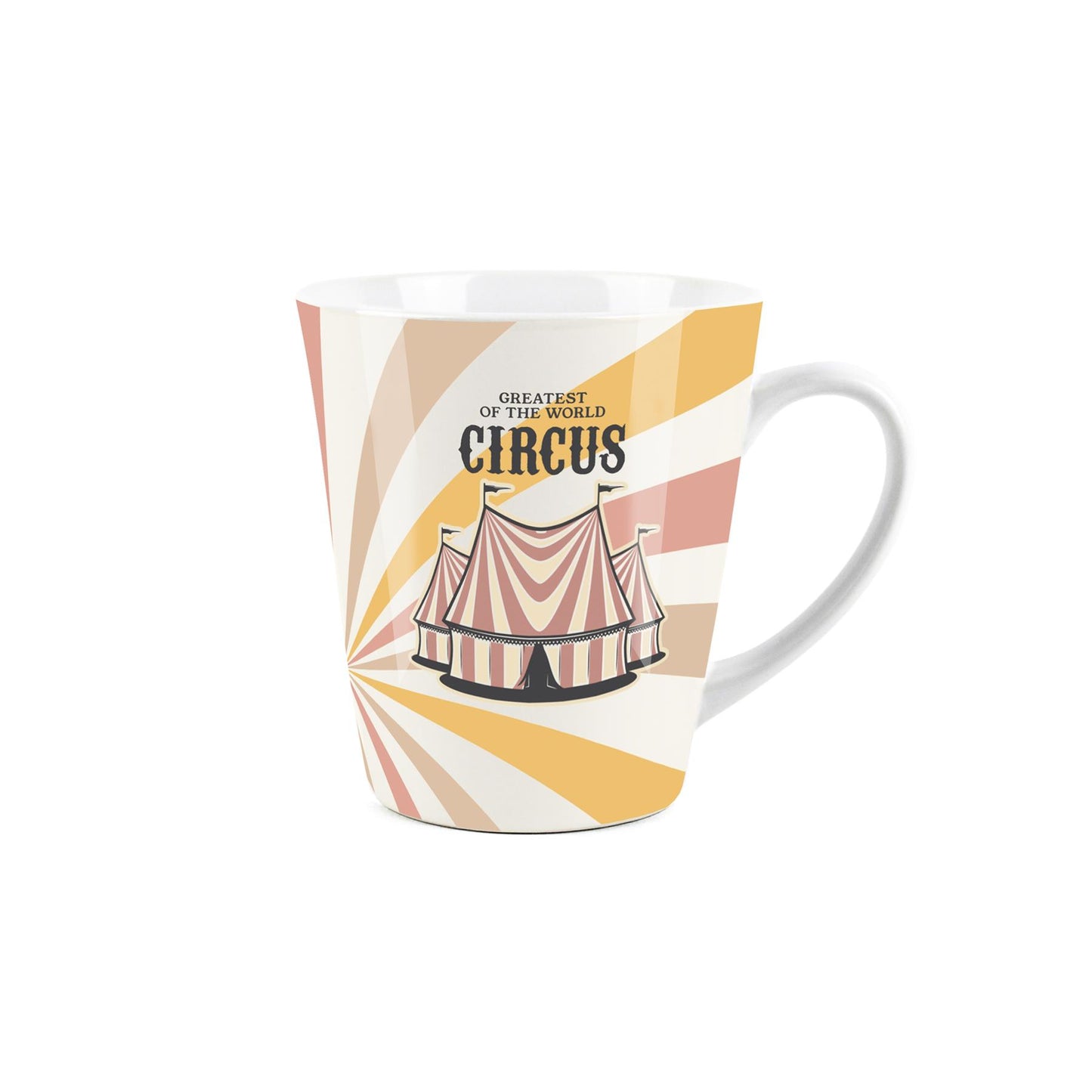 Small white latte mug featuring a vintage circus design