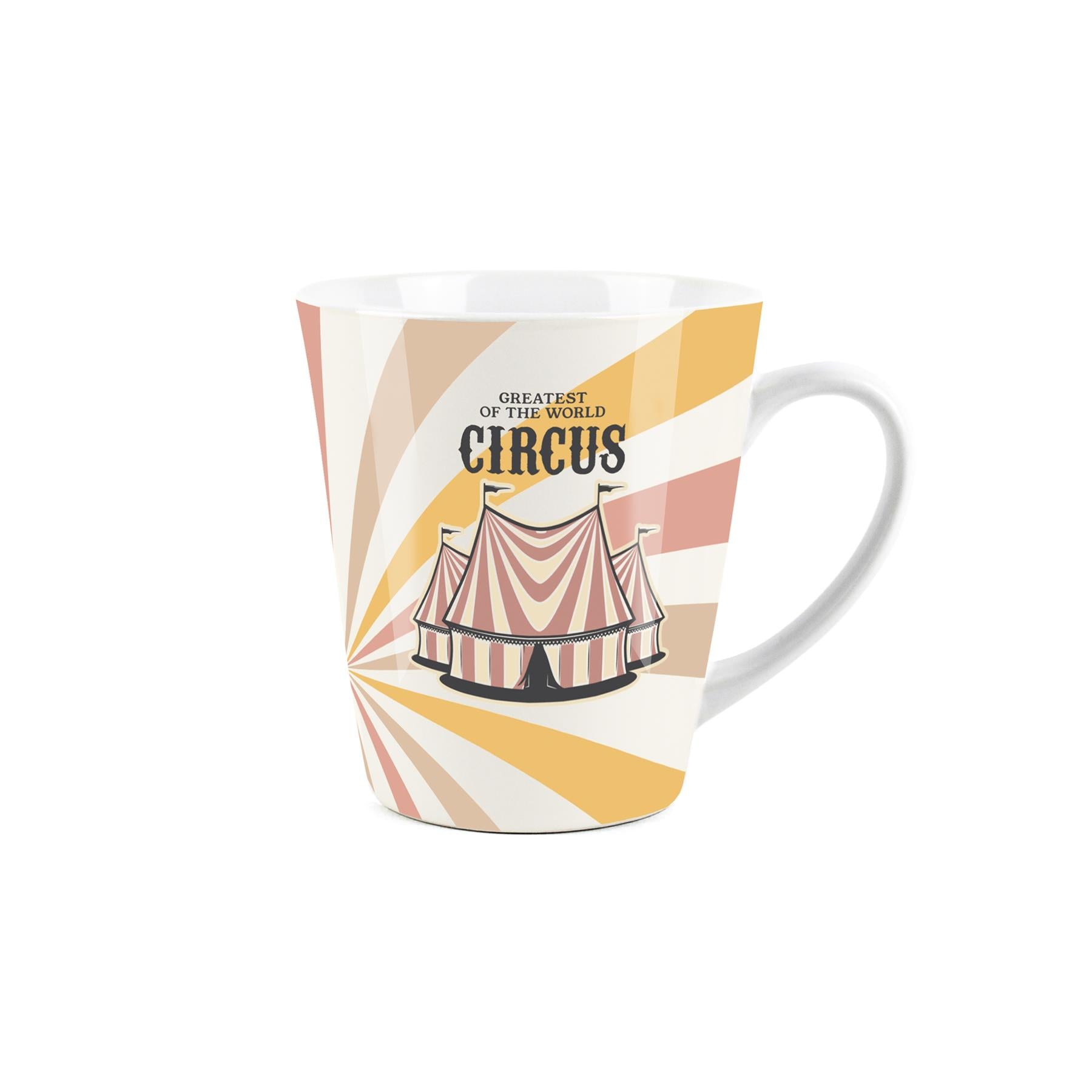 Small white latte mug featuring a vintage circus design