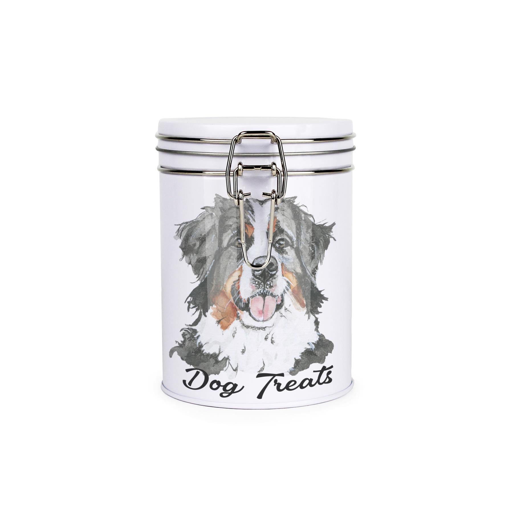 White tinplate canister with metal clip and lid featuring the face of a Bernese Mountain Dog with the caption 'Dog Treats'