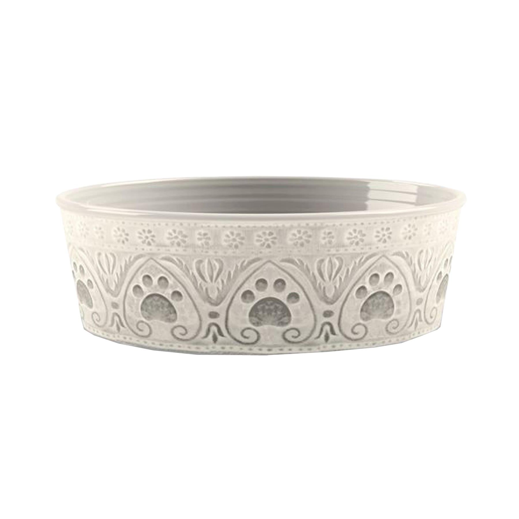 Lightweight melamine Natural Paw Print large pet bowl with cream and grey neutral paw print.