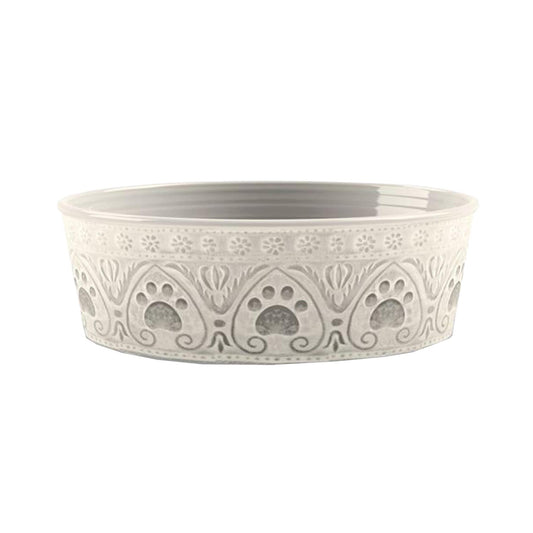 Lightweight melamine Natural Paw Print large pet bowl with cream and grey neutral paw print.