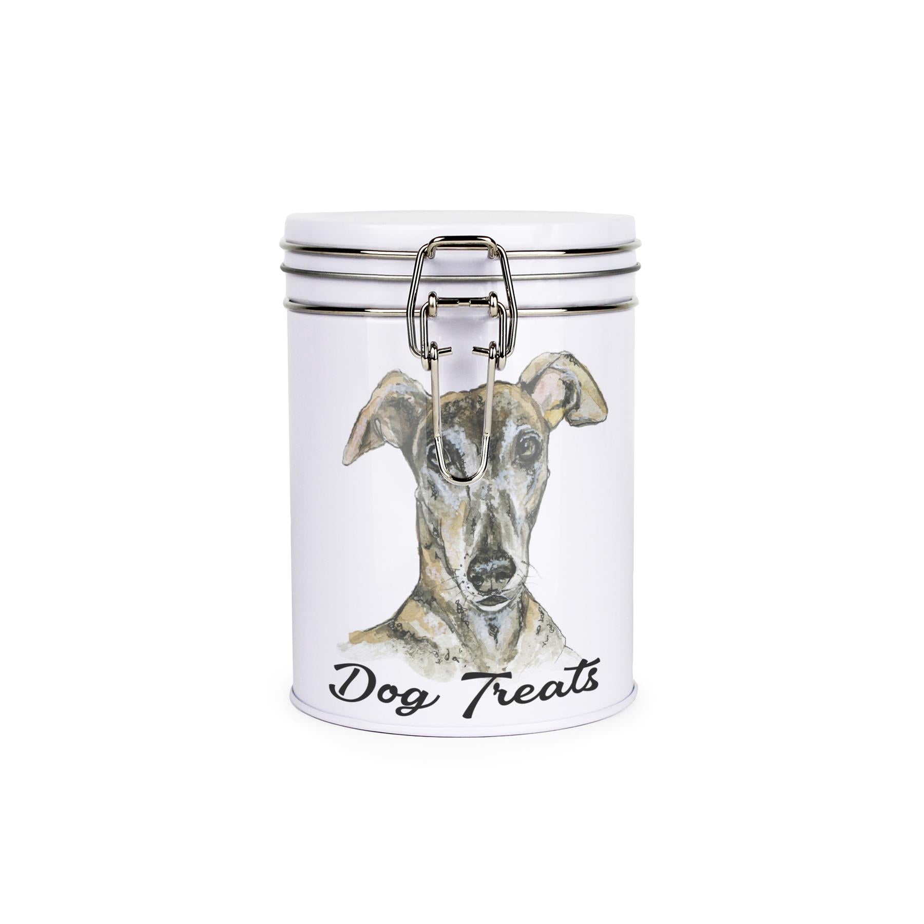 White tinplate canister with metal clip and lid featuring the face of a Greyhound with the caption 'Dog Treats'