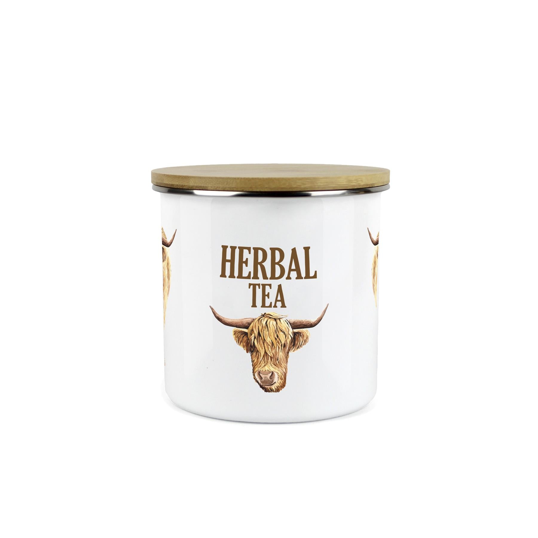 Herbal Tea Highland Cow Storage Canister - Enamel & Bamboo Kitchen Storage Jar