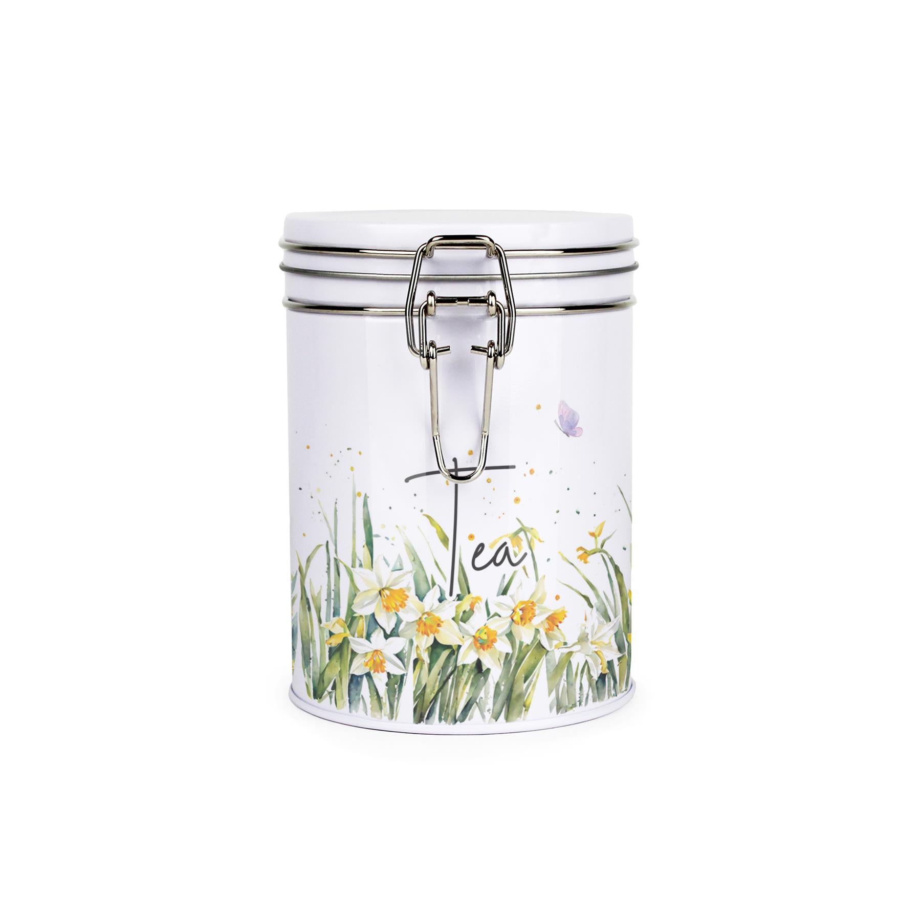 Metal canister with a metal clip and lid featuring a delicate daffodil print with butterflies and dragonflies and sugar text