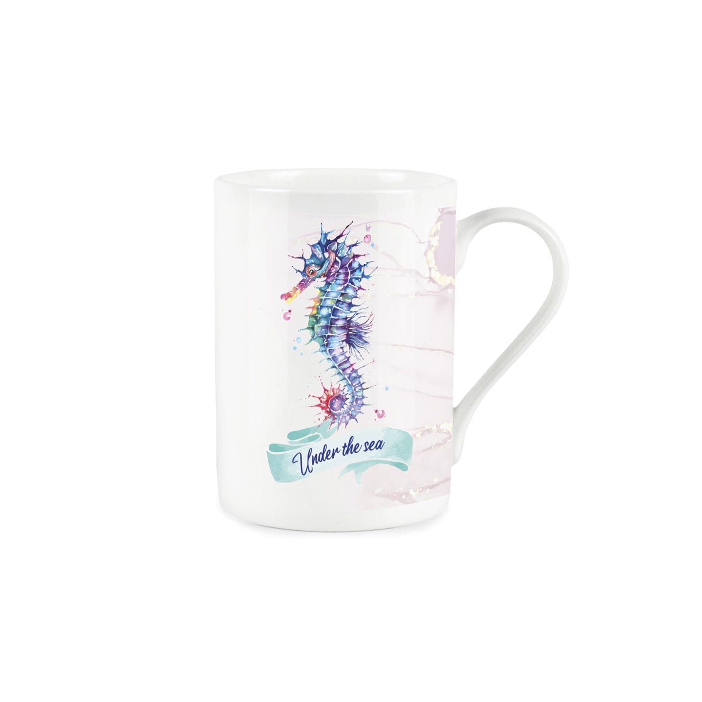 Under the sea' typography on a blue banner with vibrant painted depiction of seahorse above on a white bone china mug