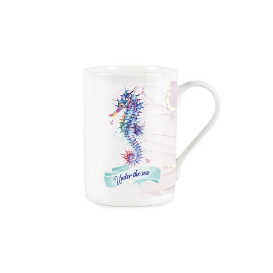 Under the sea' typography on a blue banner with vibrant painted depiction of seahorse above on a white bone china mug