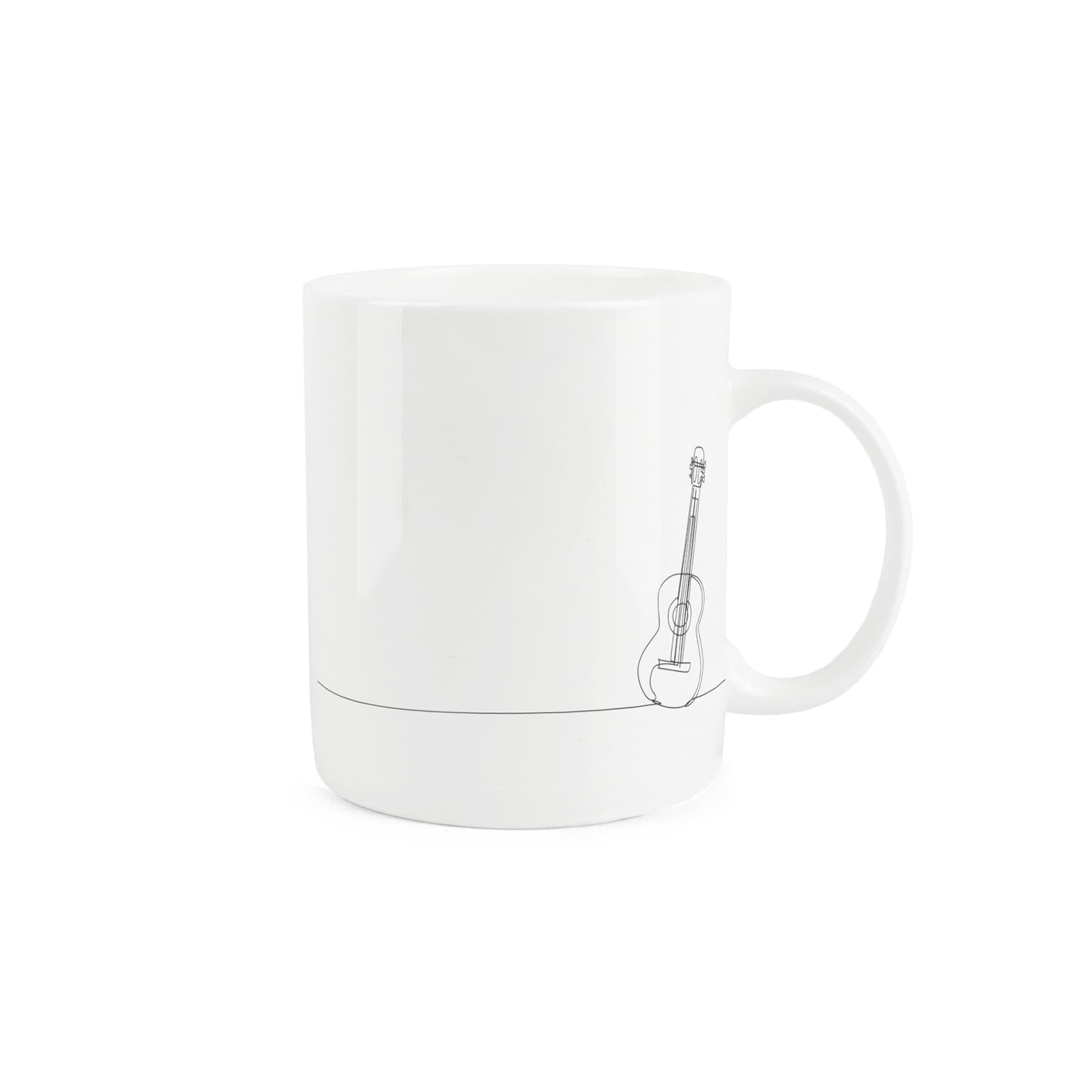 Simplistic bone china mug with an acoustic guitar drawing.