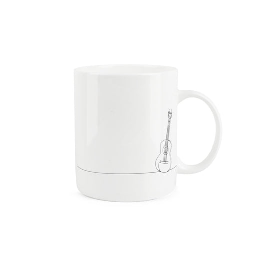 Simplistic bone china mug with an acoustic guitar drawing.