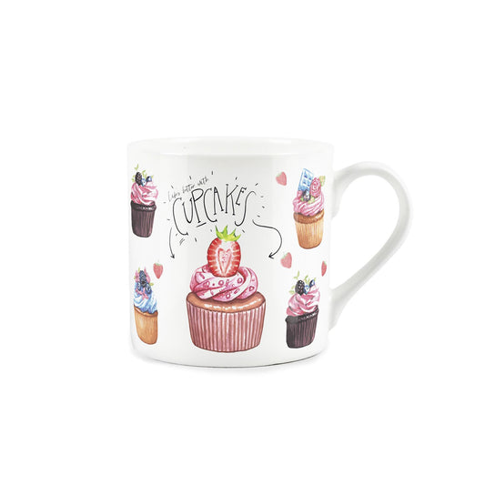 White bone china mug with a delightful cupcake design and 'life's better with cupcakes' text