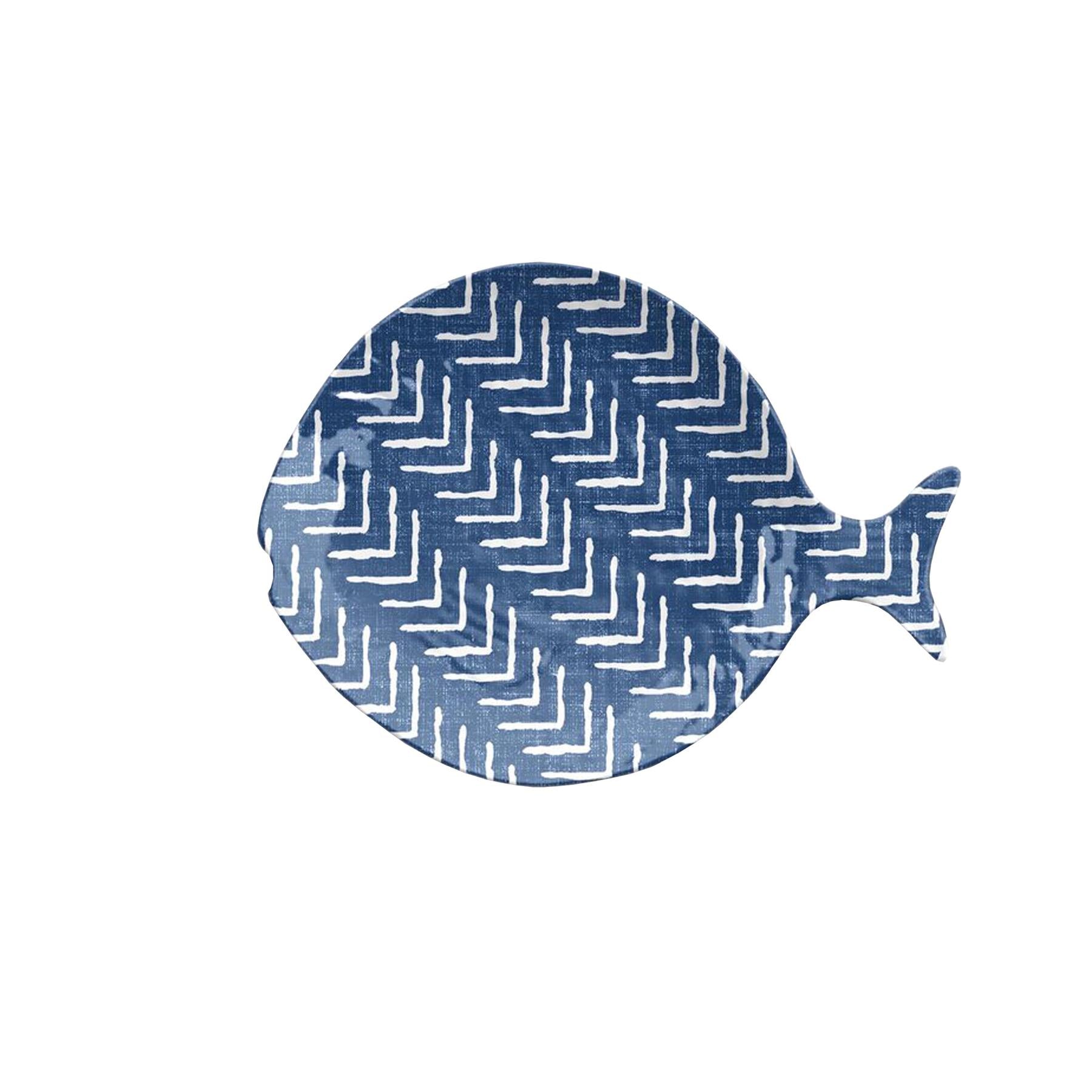 Lightweight melamine saucer with fish-shaped design and blue/white chevron pattern. Dishwasher safe, break resistant, with non-skid silicone base.