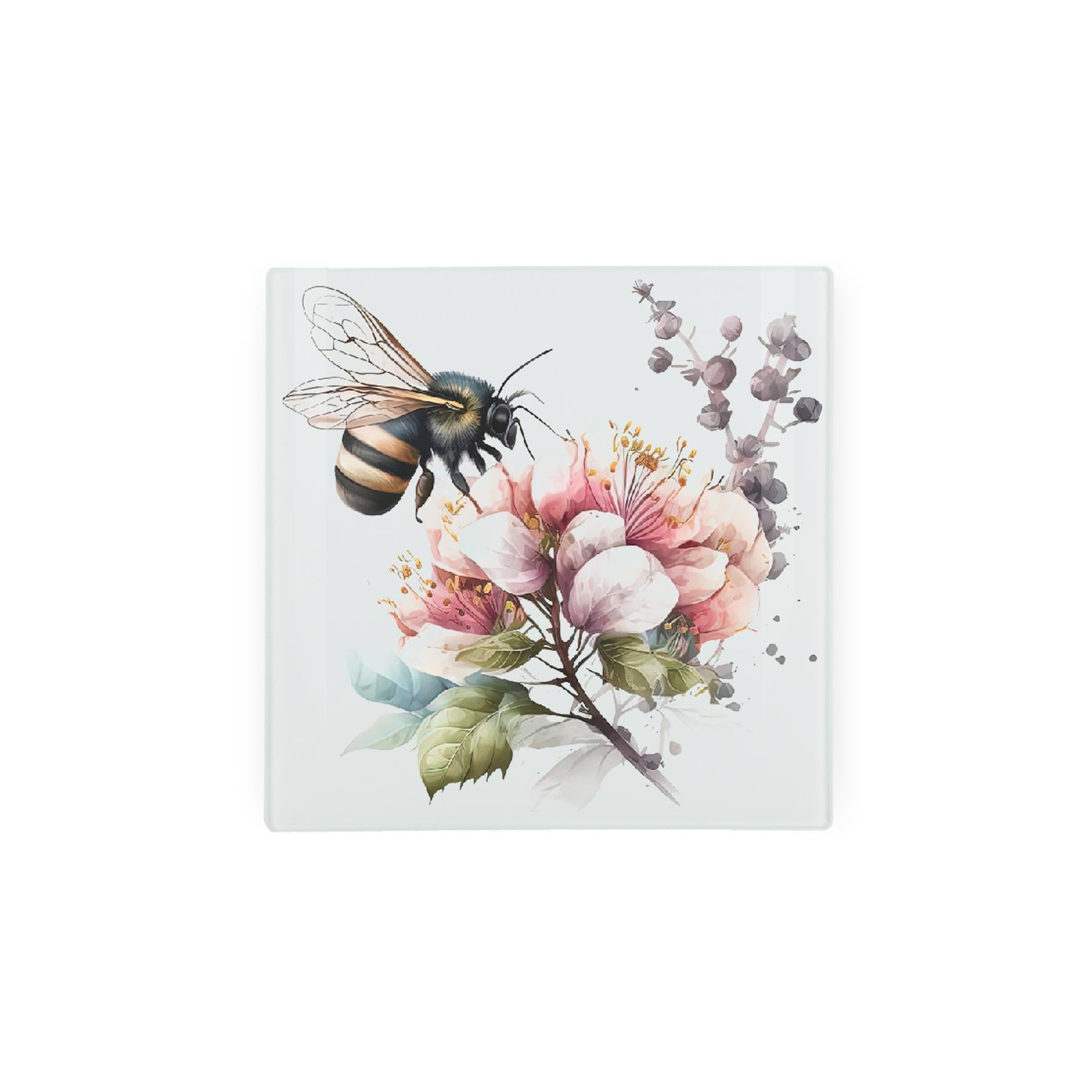 Mini glass worktop protector with watercolour honey bee and flowers.