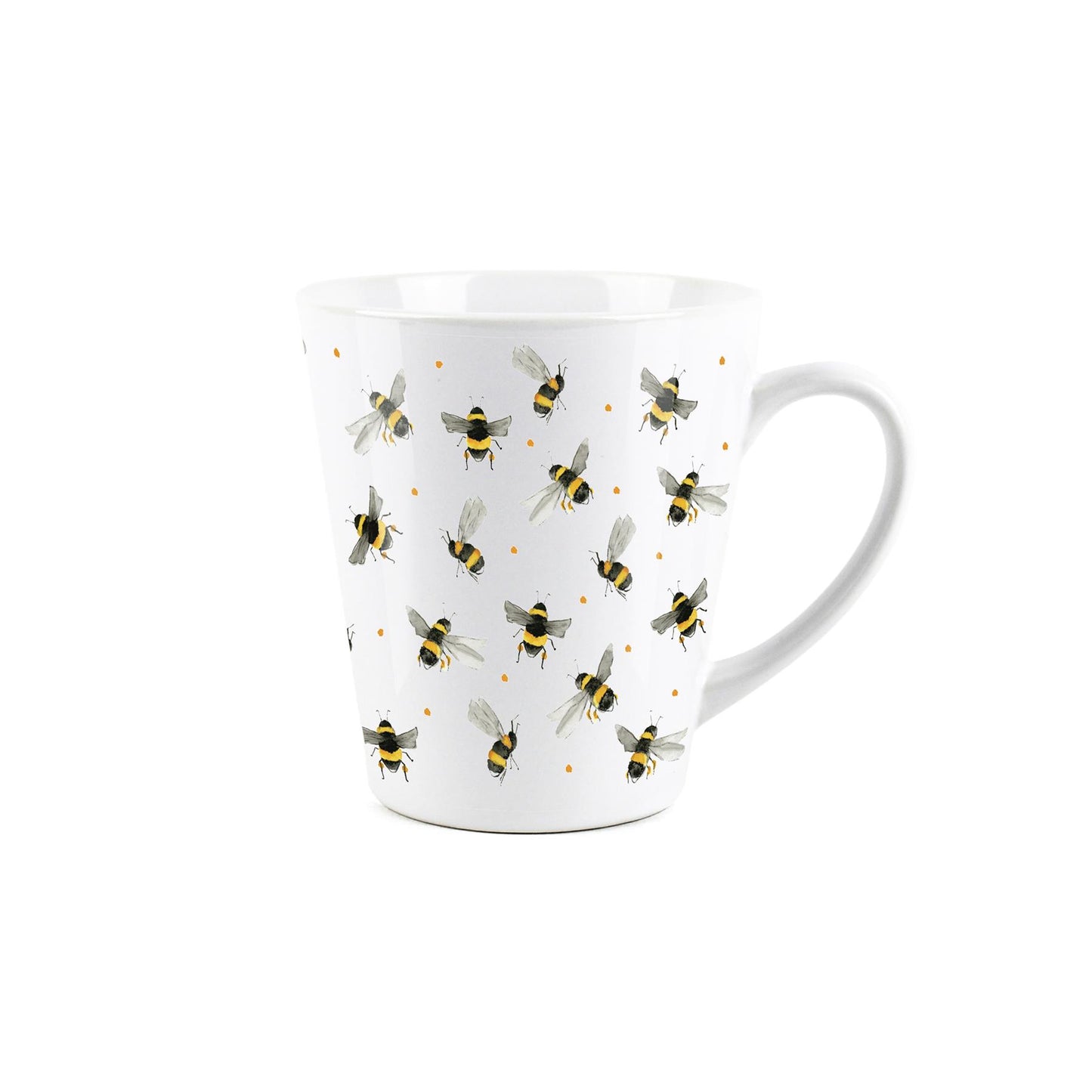 Small white latte mug featuring a scattered bee design