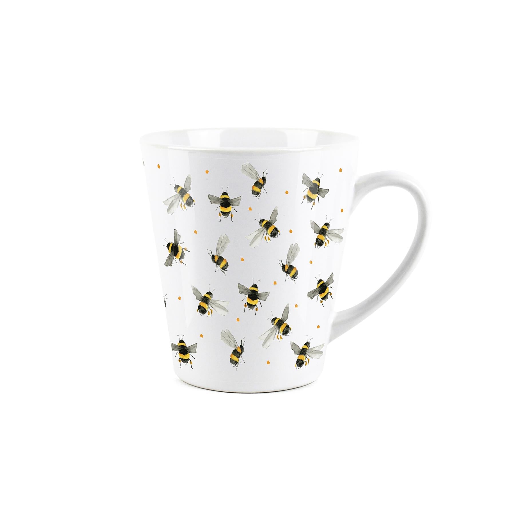 Small white latte mug featuring a scattered bee design