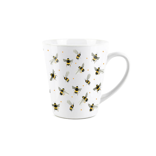 Small white latte mug featuring a scattered bee design