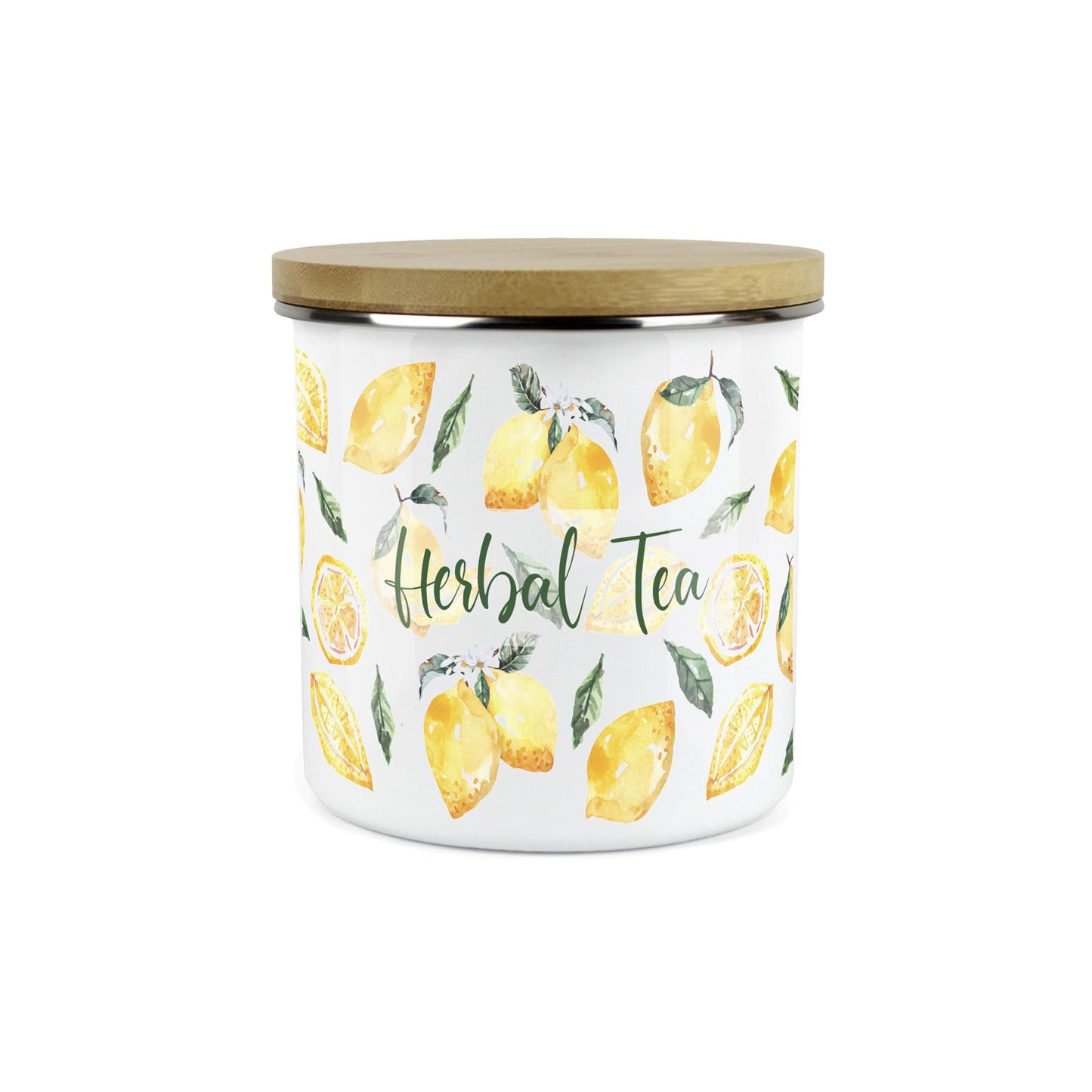 Herbal Tea Storage Canister - Watercolour Lemons Enamel Kitchen Storage Jar