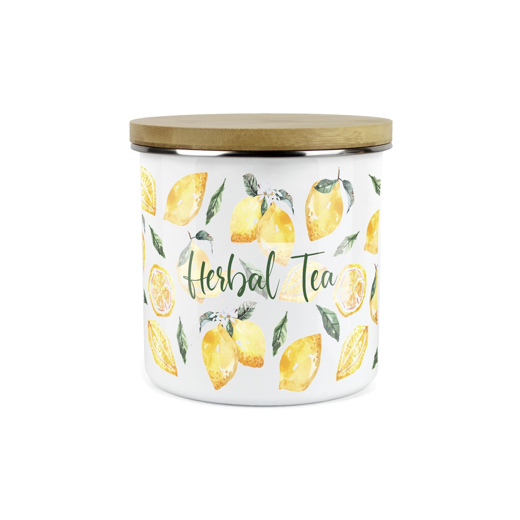 Herbal Tea Storage Canister - Watercolour Lemons Enamel Kitchen Storage Jar