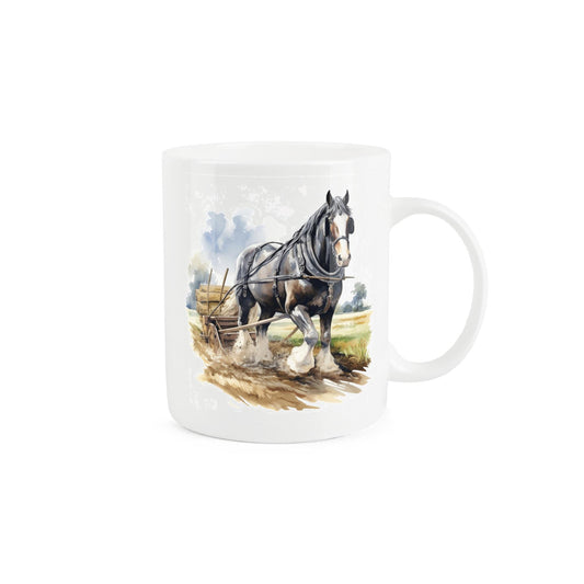 Bone china mug with watercolour artwork of shire horse and cart walking through farm