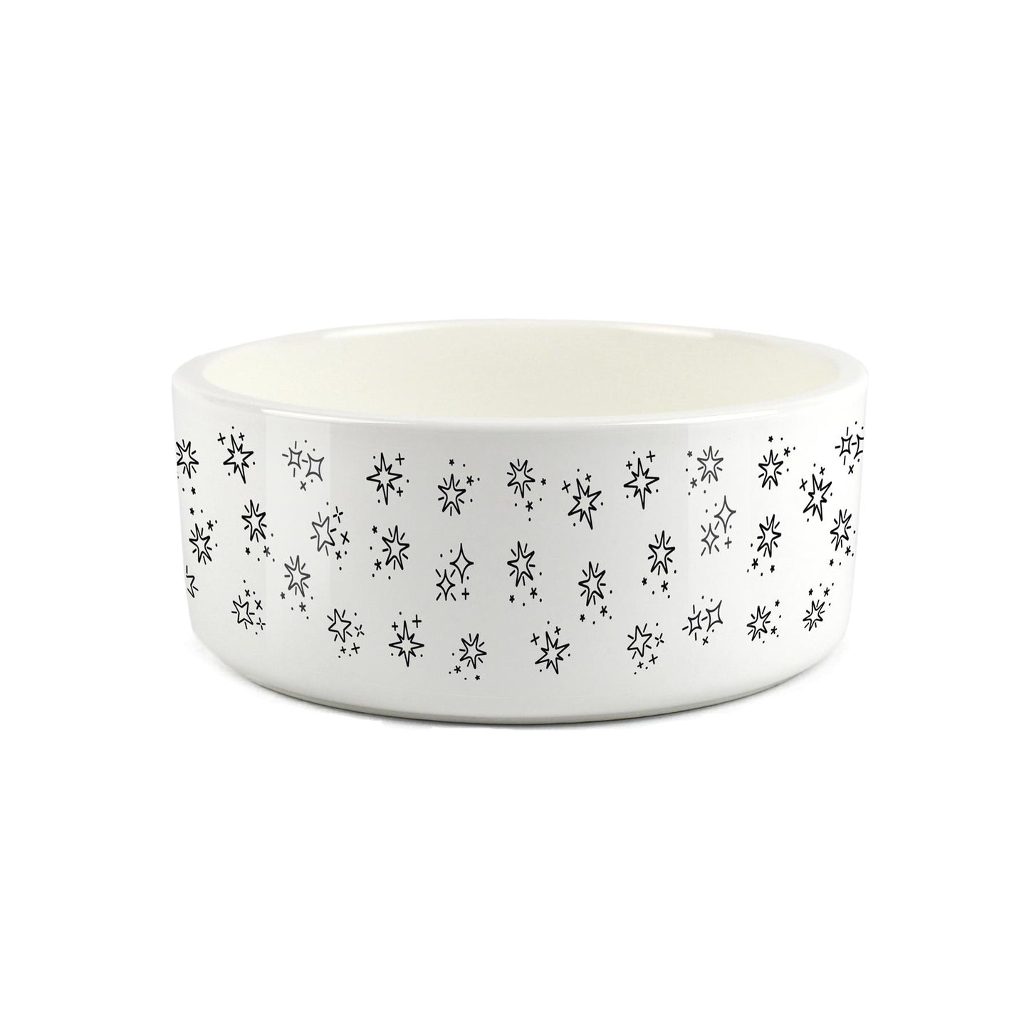White ceramic pet bowl with printed star design on surface