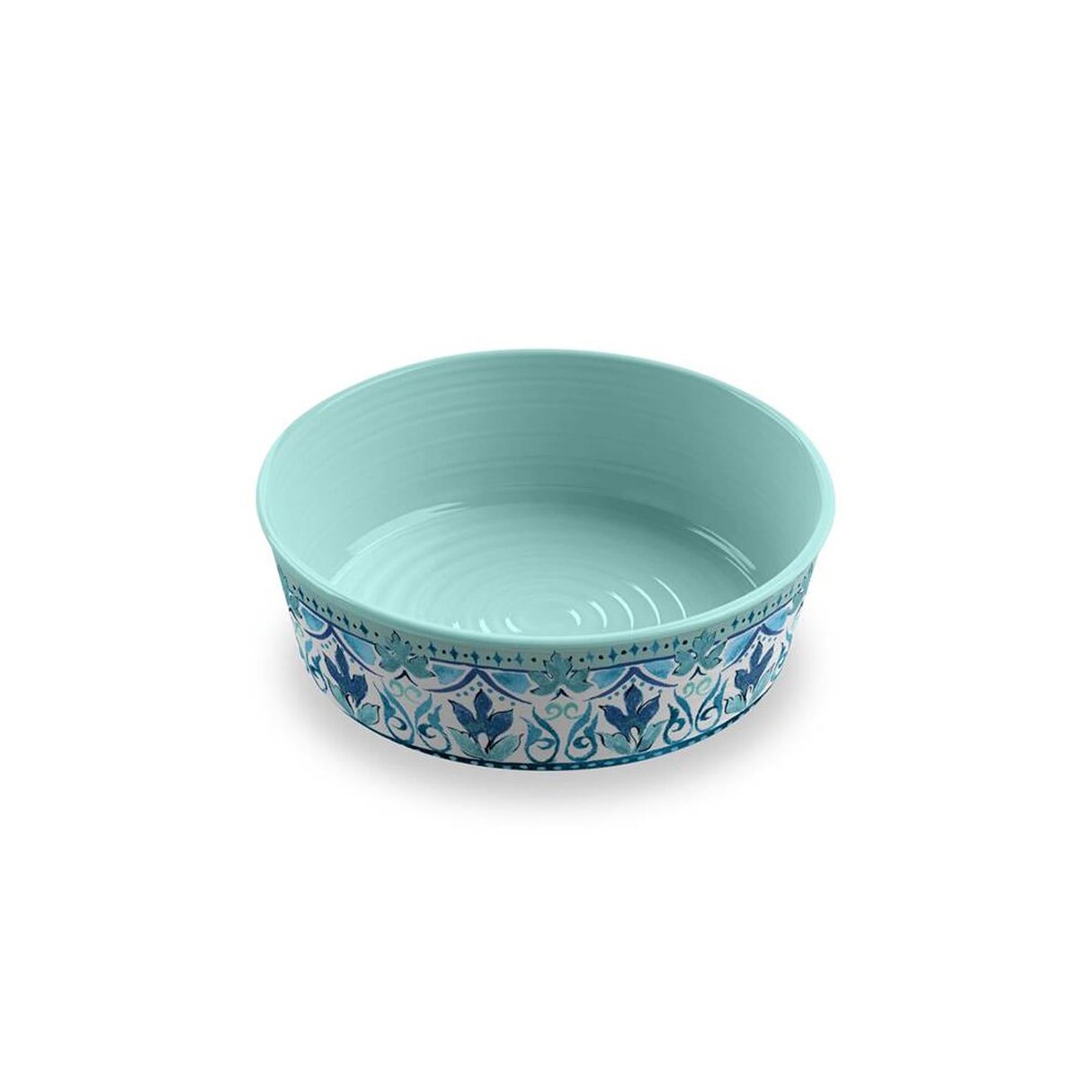 Double pet food bowl featuring a blue floral print design