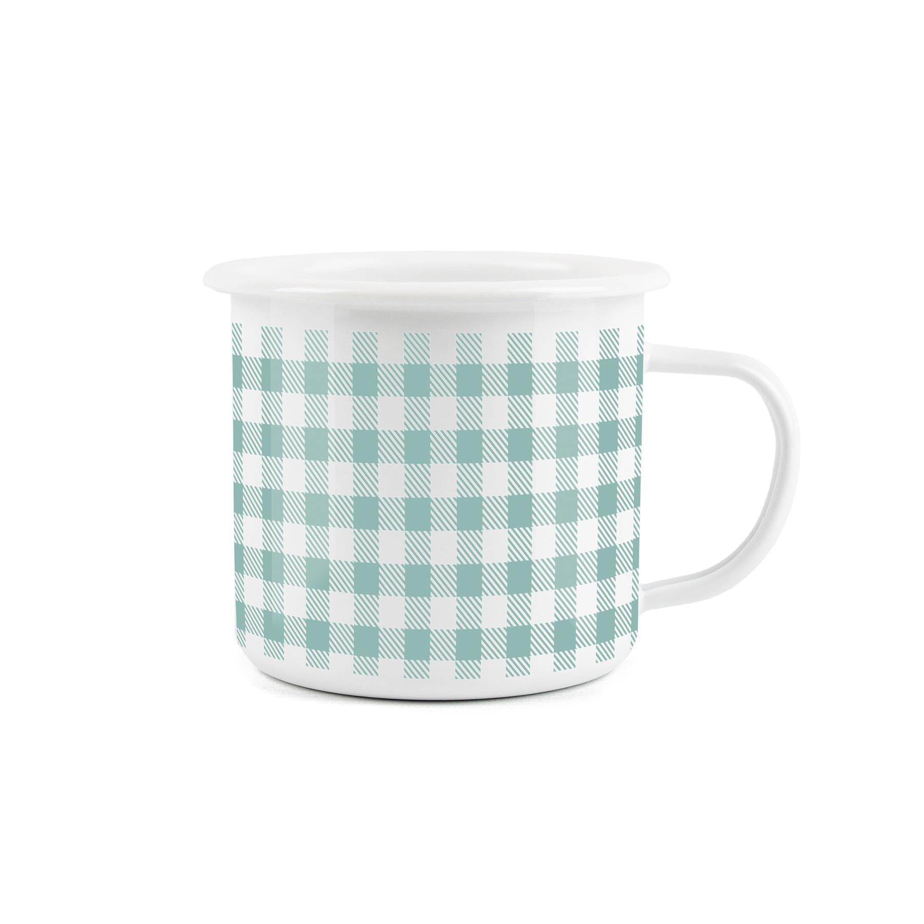 Aqua blue gingham enamel mug, ideal for summer activities with a durable design and a refreshing aqua blue gingham pattern.