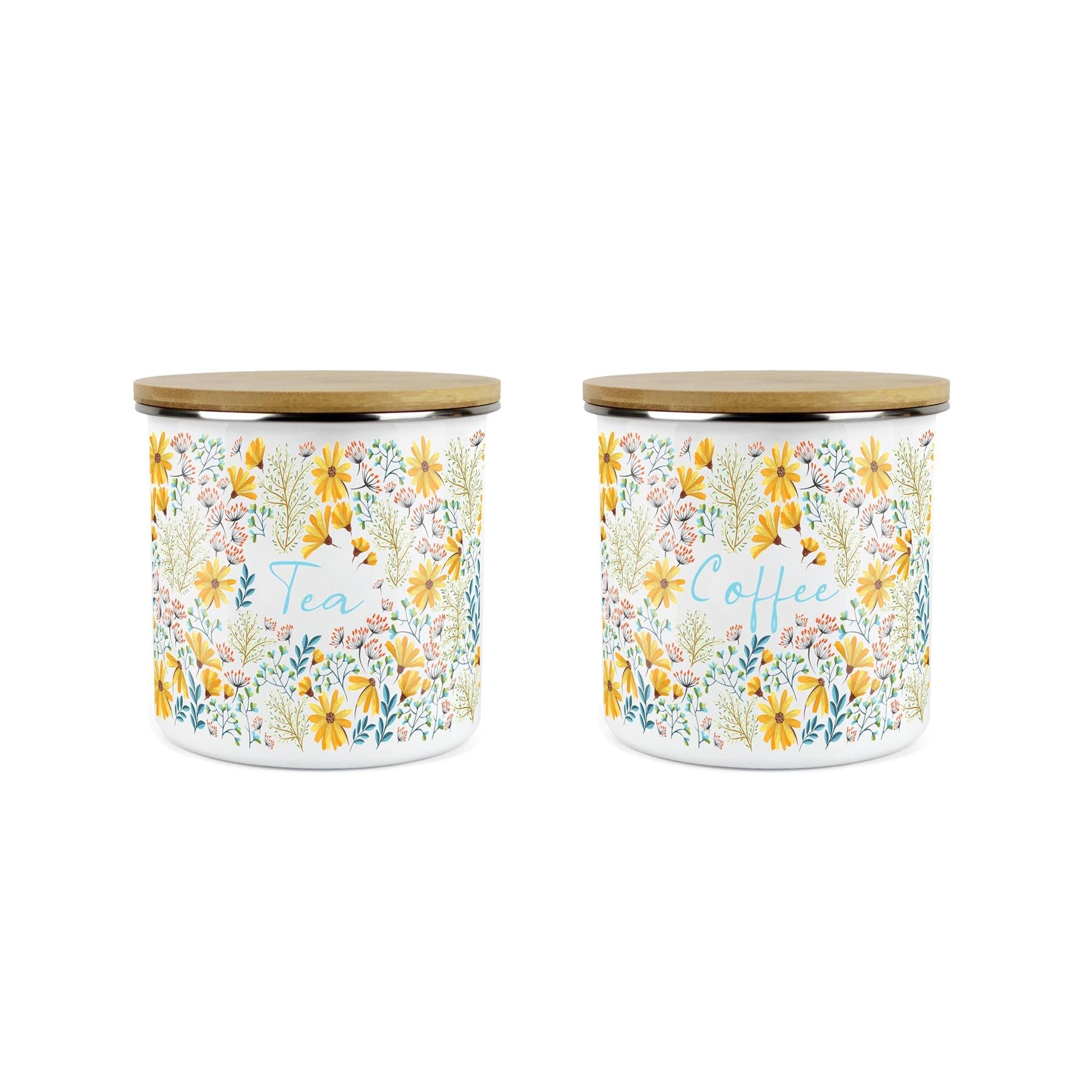 Tea & Coffee Storage Canisters - 2x Floral Daisies Enamel Kitchen Container