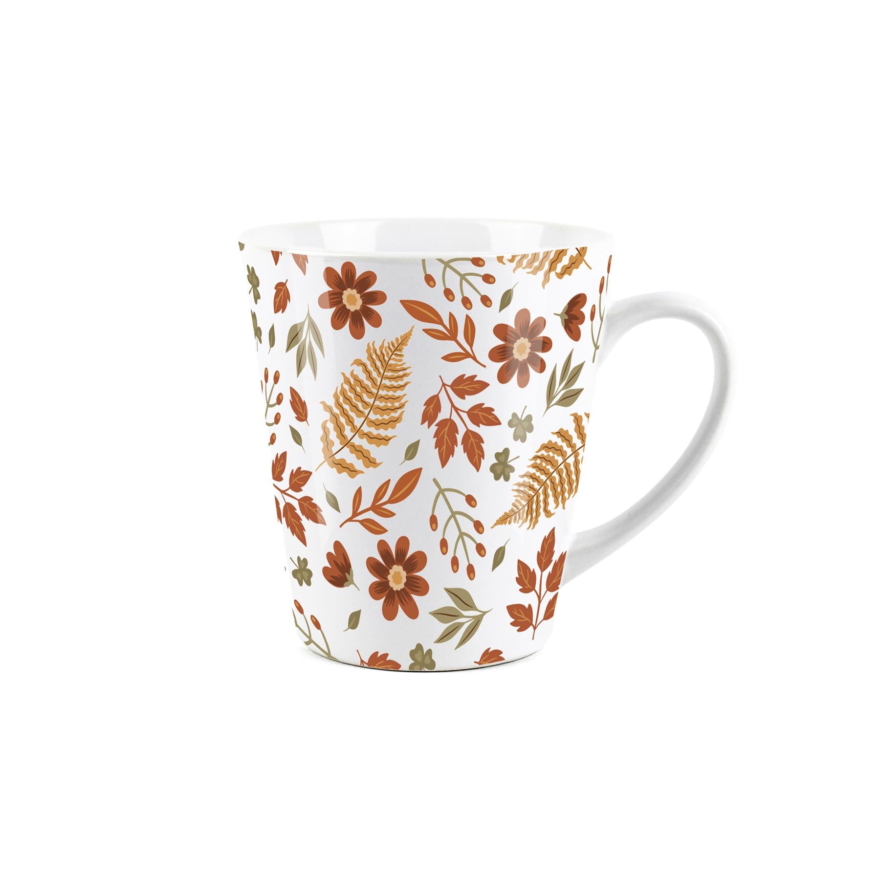 Small white latter mug with autumn leaves design