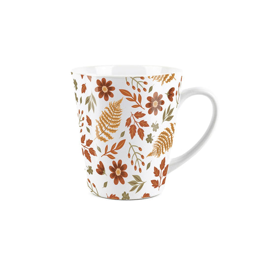 Small white latter mug with autumn leaves design