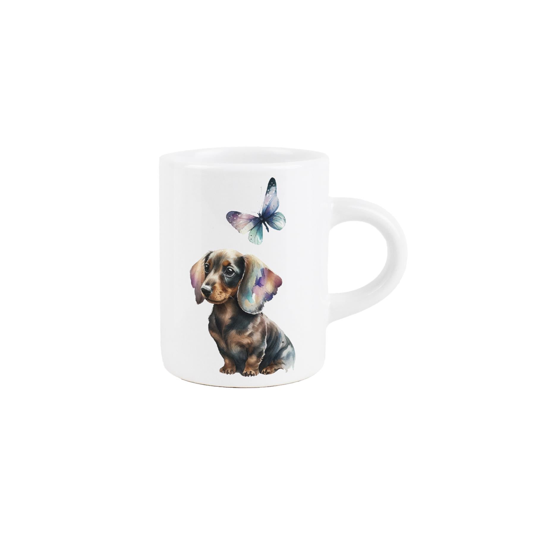 Small ceramic espresso mug featuring an adorable dachshund and butterfly design.