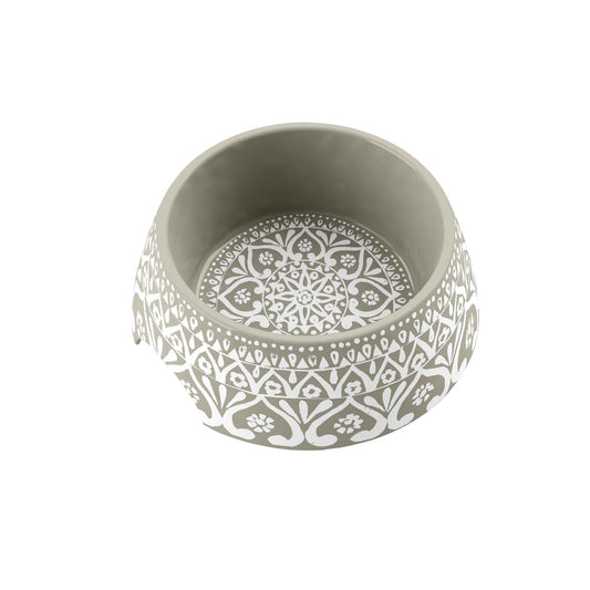 Lightweight melamine Boho Medallion Taupe medium pet bowl with chic 'boho' pattern.