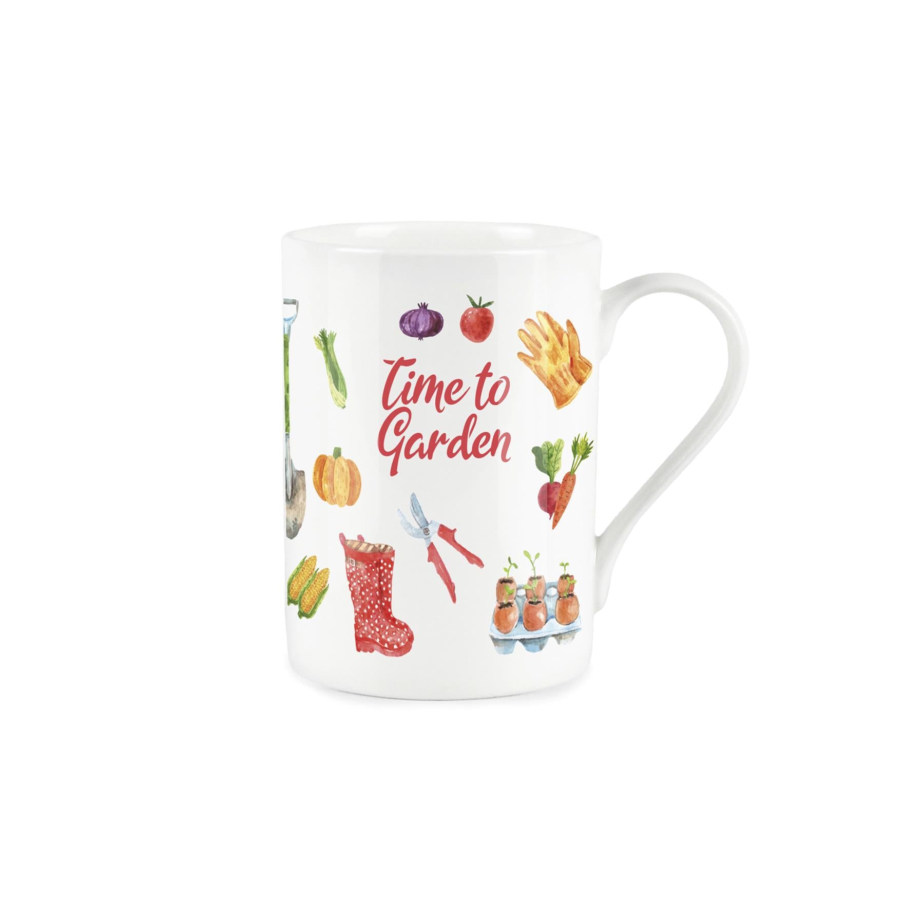 Bone china mug featuring 'Time to garden typography and various illustrative depictions of gardening equipment
