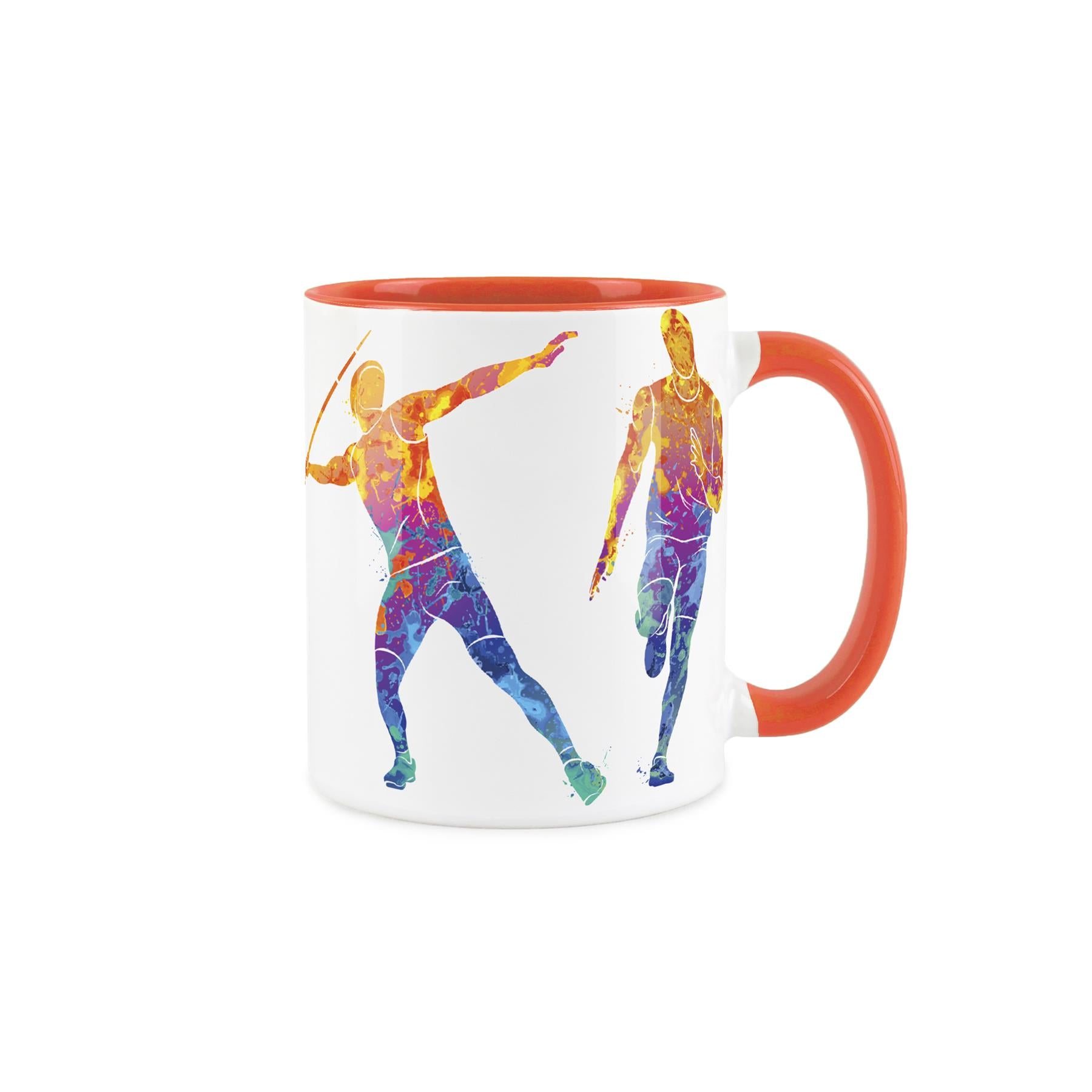 White ceramic mug featuring vibrant, paint-splattered depiction of people performing yoga