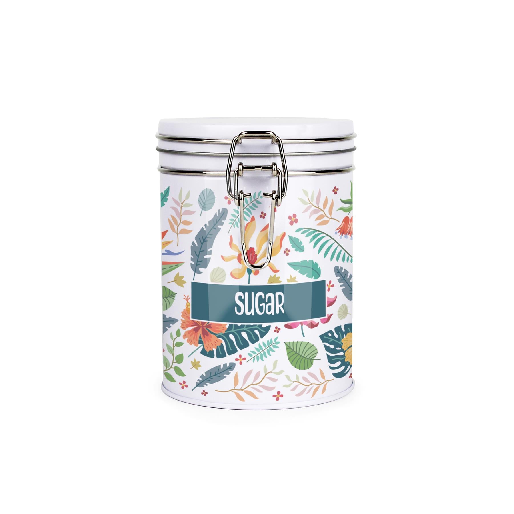 White metal storage canister with metal clip and lid featuring a colourful leaf design on a white background with sugar text on front