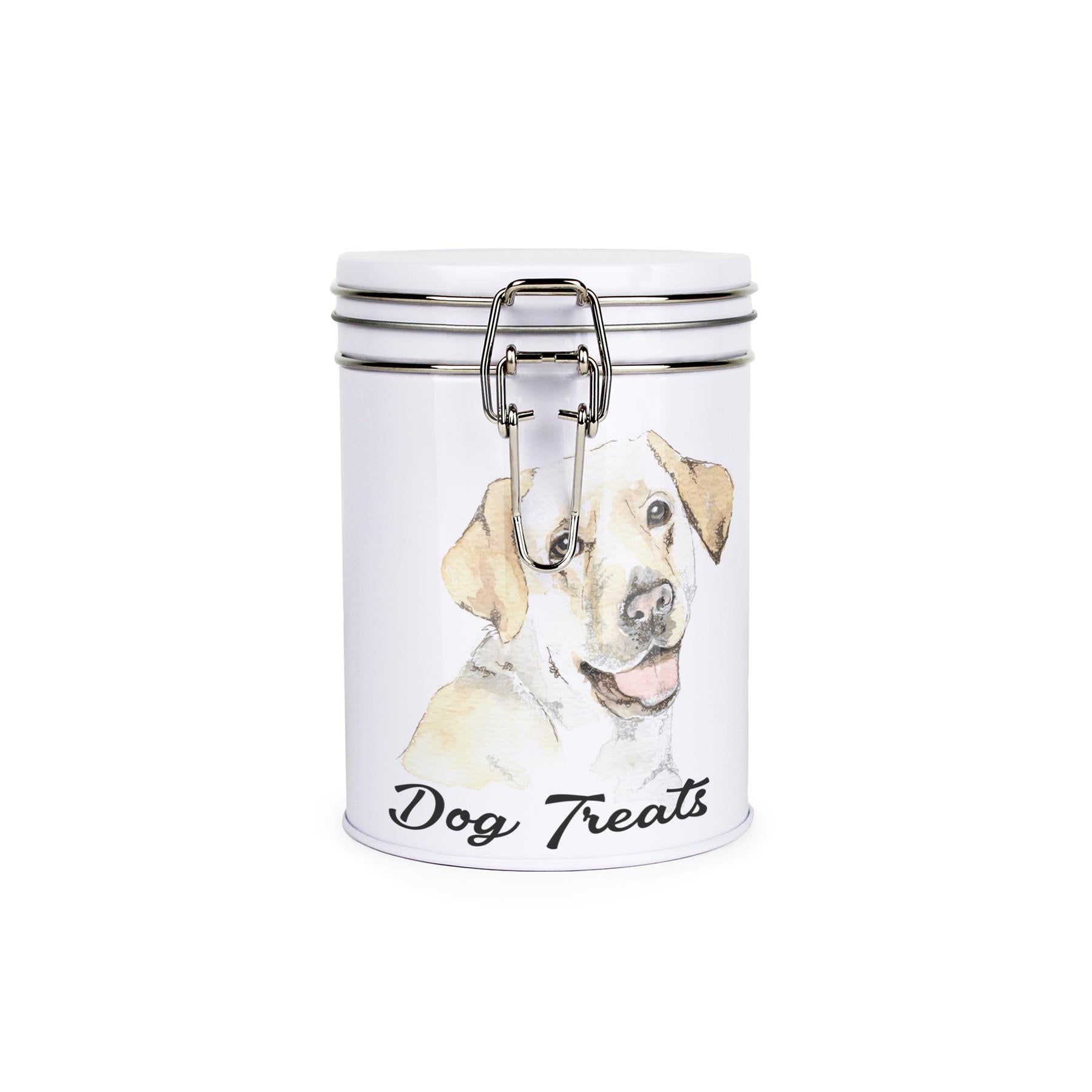 White tinplate canister with metal clip and lid featuring the face of a Labrador with the caption 'Dog Treats'