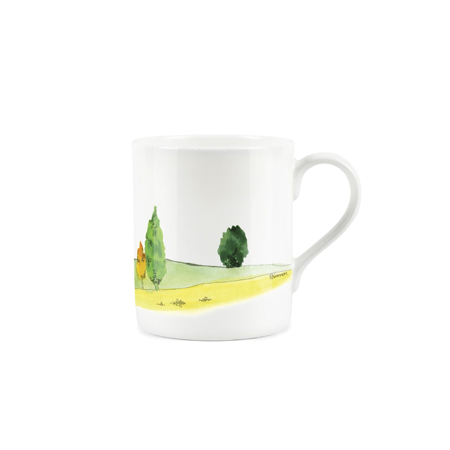 Watercolour artwork of 3 oak trees in the English countryside on a white bone china mug.