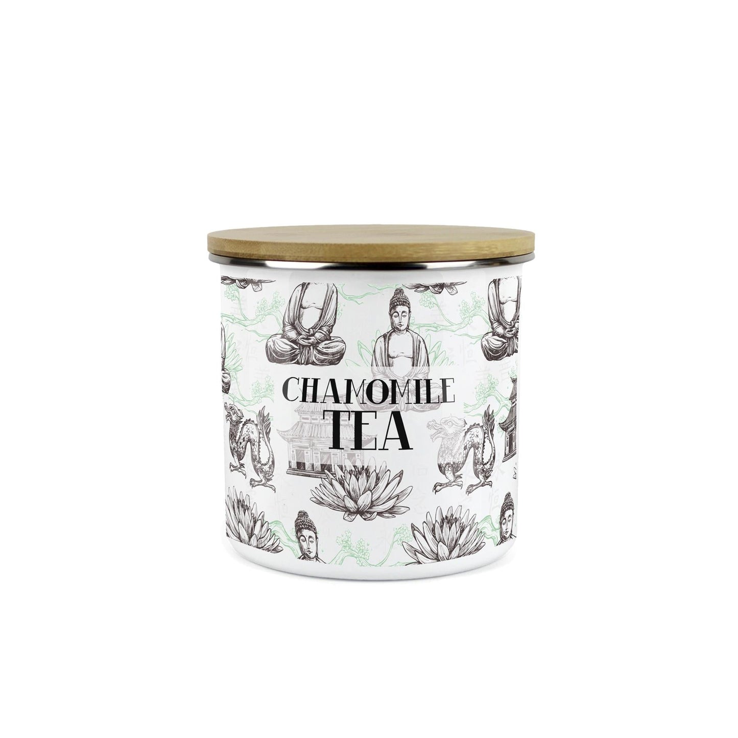 Chamomile Tea Storage Canister - Oriental Scene Enamel Kitchen Storage Jar