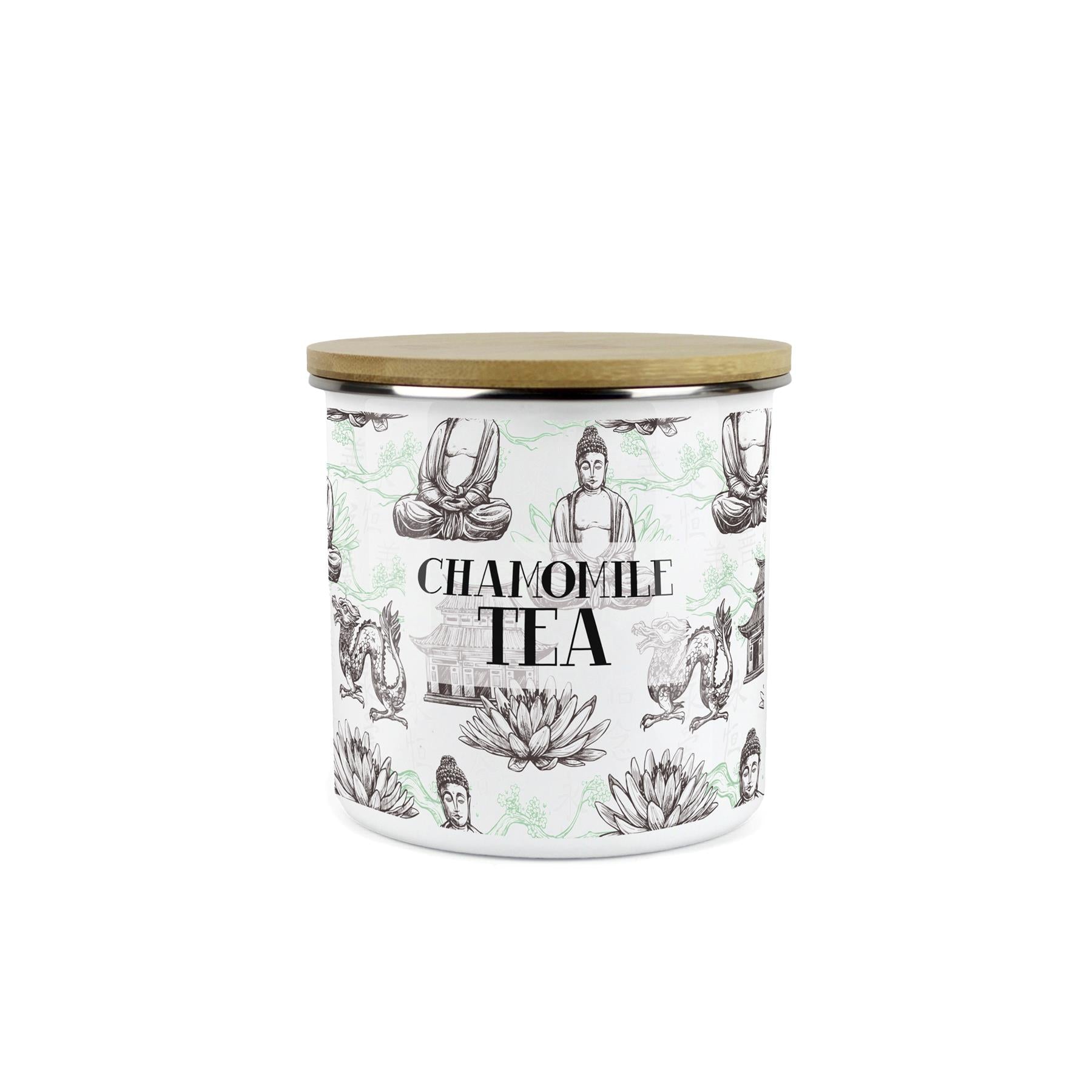 Chamomile Tea Storage Canister - Oriental Scene Enamel Kitchen Storage Jar