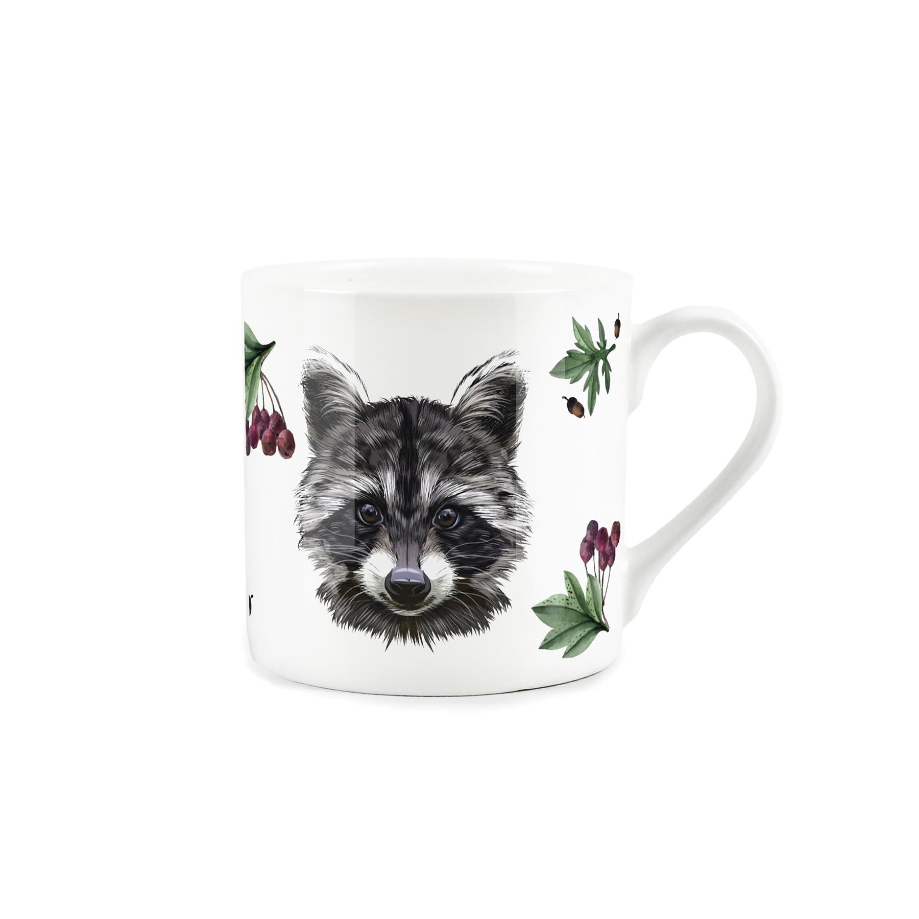 White bone china mug featuring grey raccoon design
